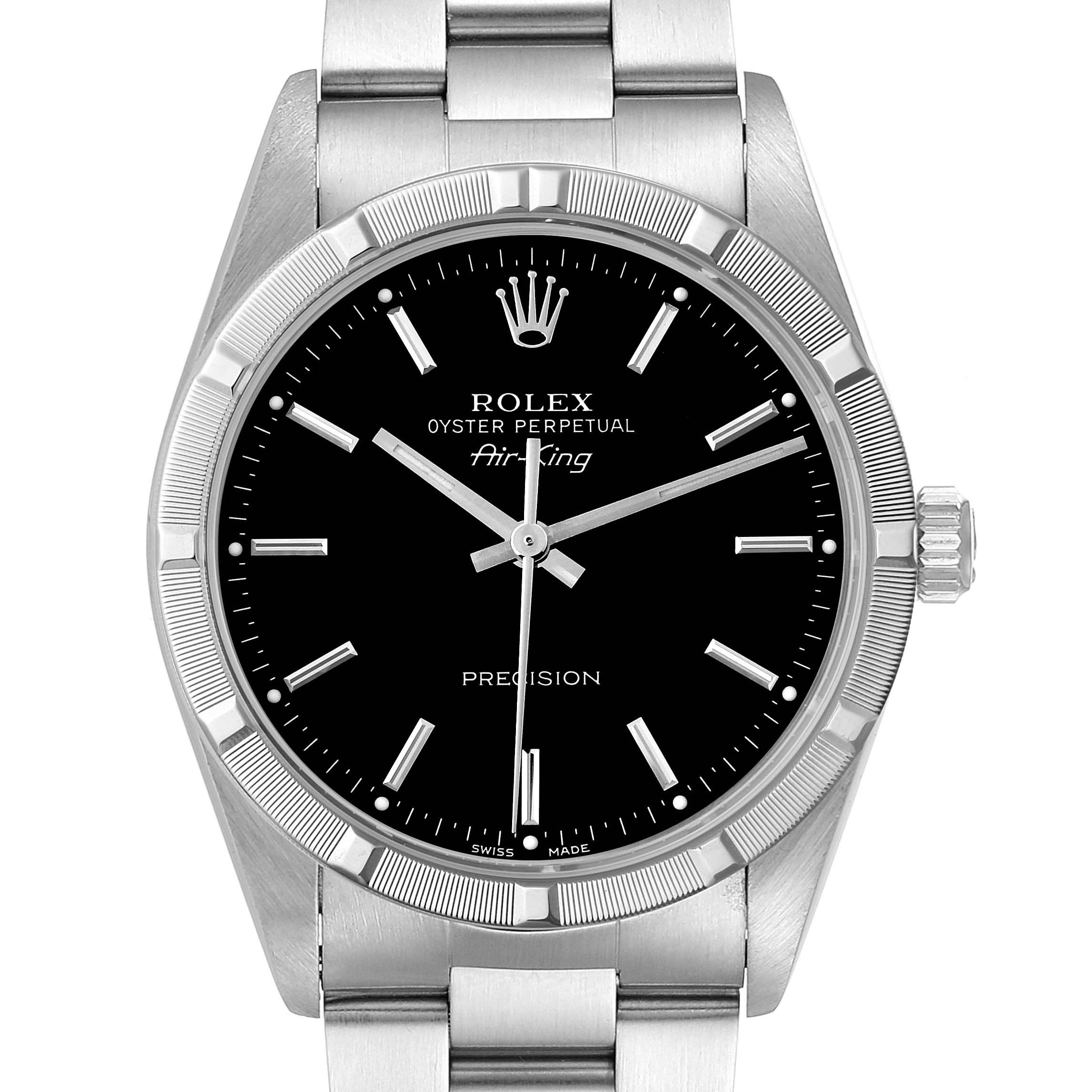 The Rolex Air-King 14010 Men's Stainless Steel Black Dial 14010 Men's Stainless Steel Black Dial watch shows a front view, highlighting the dial, bezel, and part of the bracelet.
