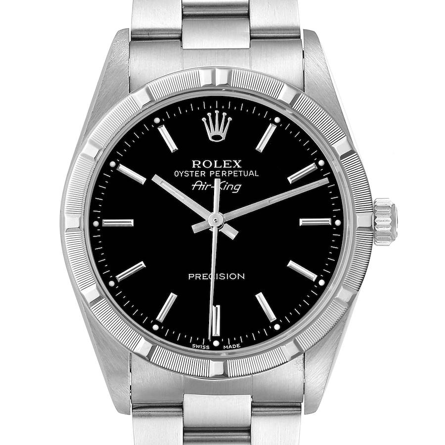 The Rolex Air-King watch shows a front view, highlighting the dial, bezel, and part of the bracelet.