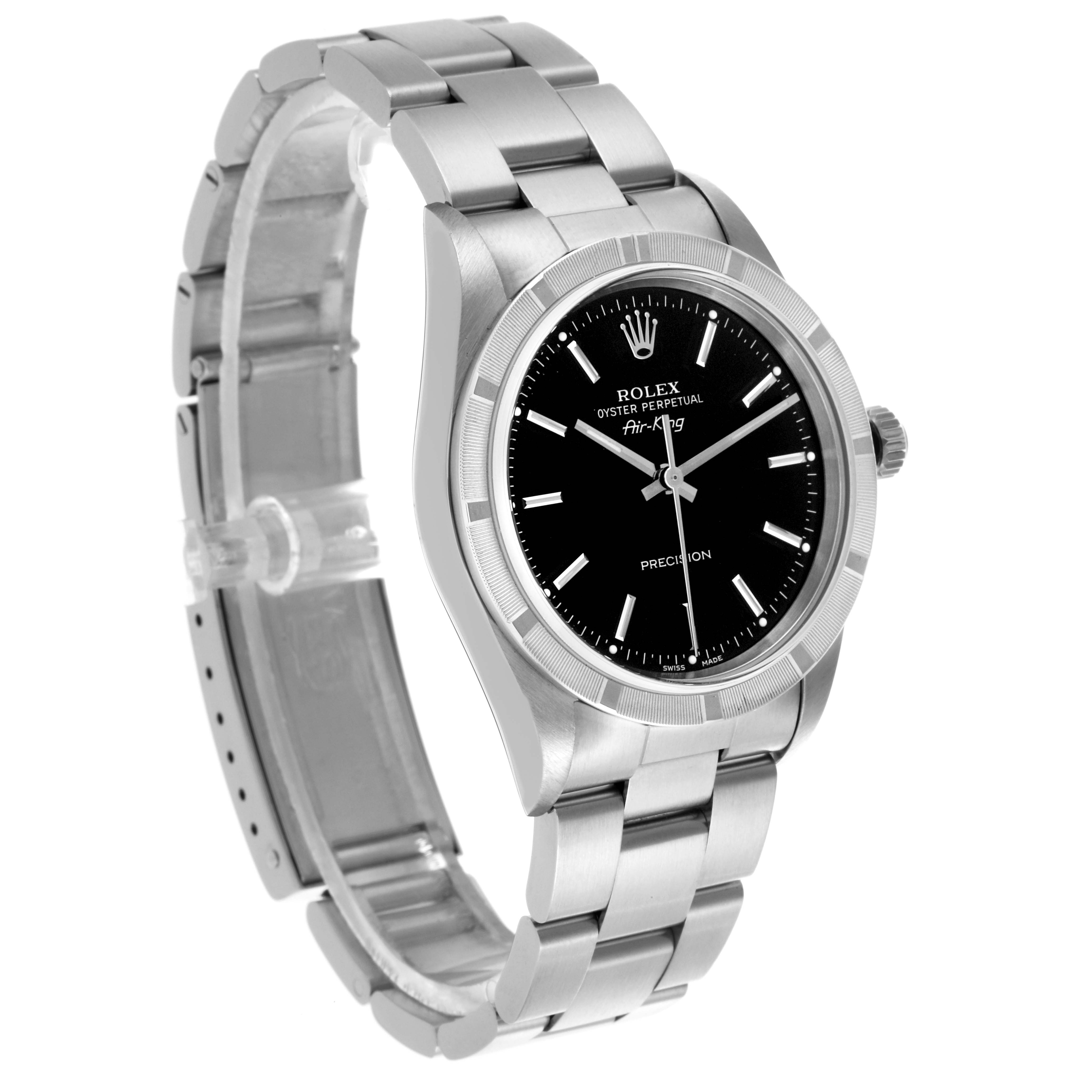 The Rolex Air-King 14010 Men's Stainless Steel Black Dial 14010 Men's Stainless Steel Black Dial watch is shown from an angled side view, displaying the case, bezel, dial, crown, and bracelet.