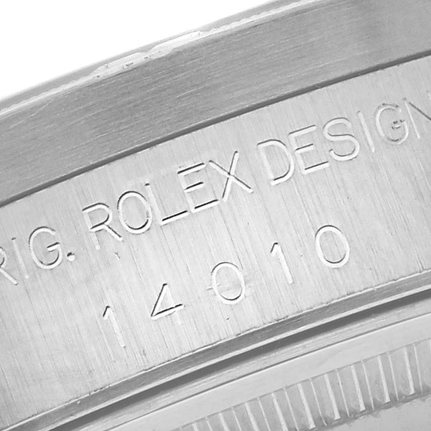The image shows an engraved case back of a Rolex Air-King 14010 Men's Stainless Steel Black Dial 14010 Men's Stainless Steel Black Dial, model number 14010.