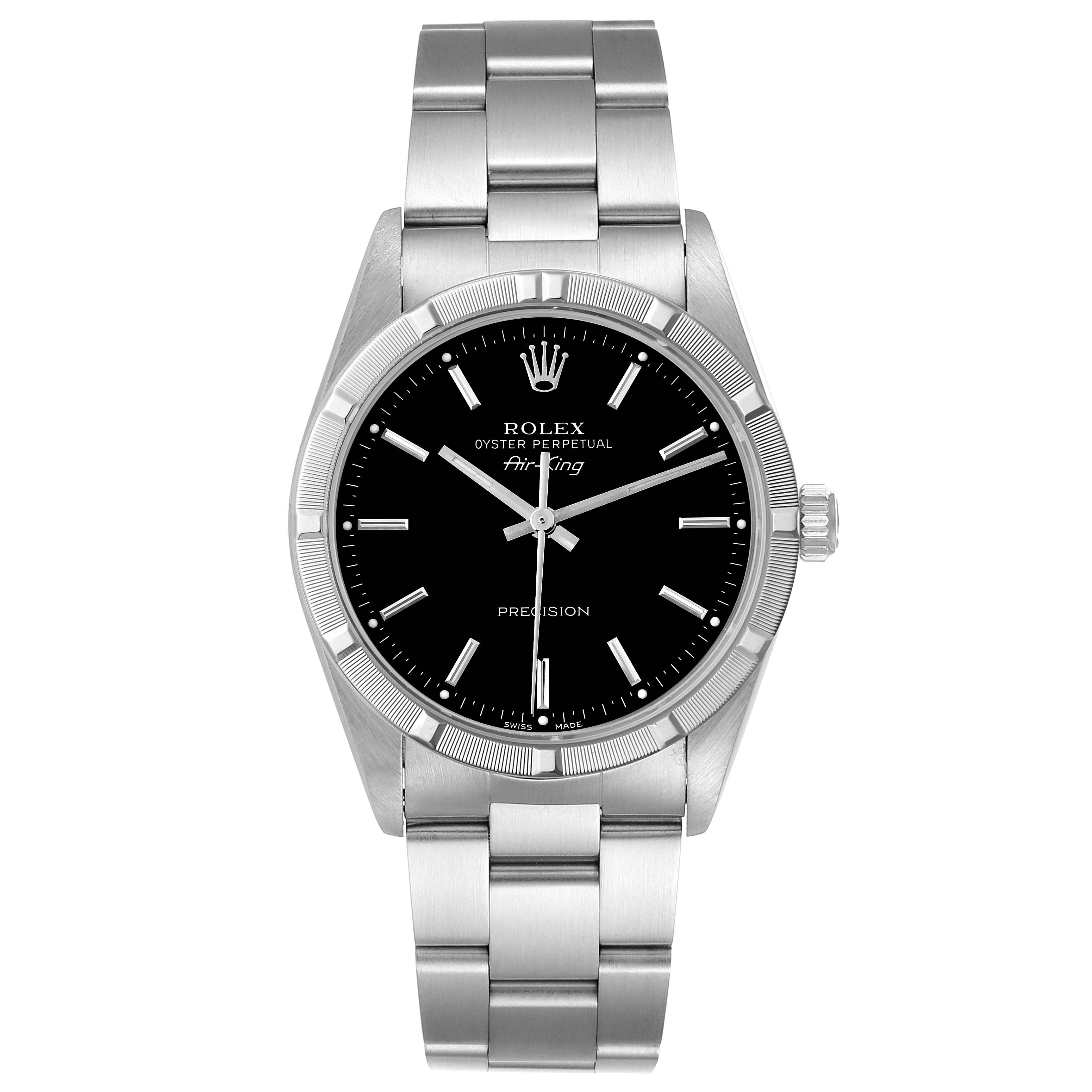 The image shows a front view of the Rolex Air-King 14010 Men's Stainless Steel Black Dial 14010 Men's Stainless Steel Black Dial watch, highlighting the black dial, bezel, and metal bracelet.
