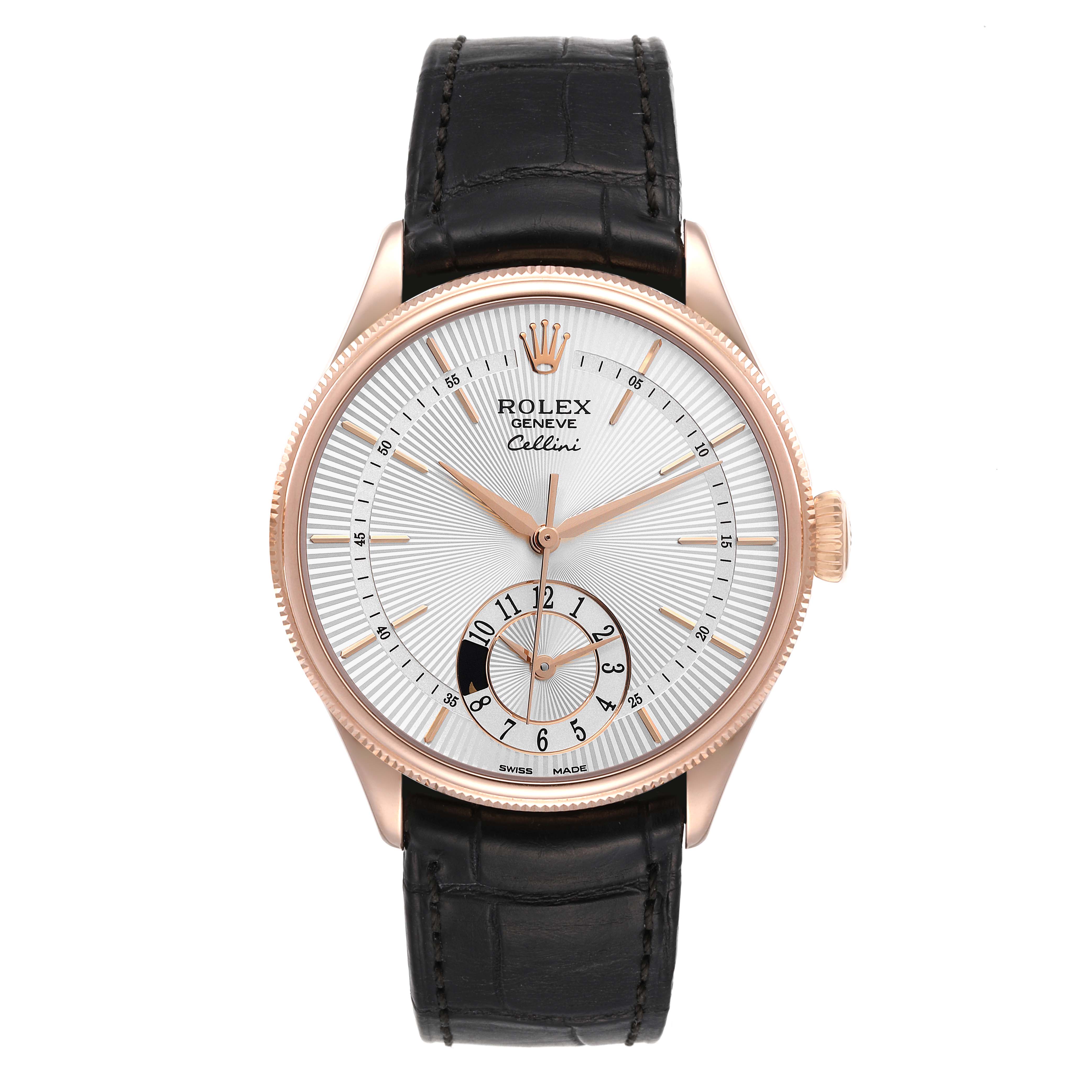 The image shows a frontal view of the Rolex Cellini 50525 Men's Rose Gold Silver Dial 50525 Men's Rose Gold Silver Dial watch, highlighting its dial, hands, crown, and black leather strap.