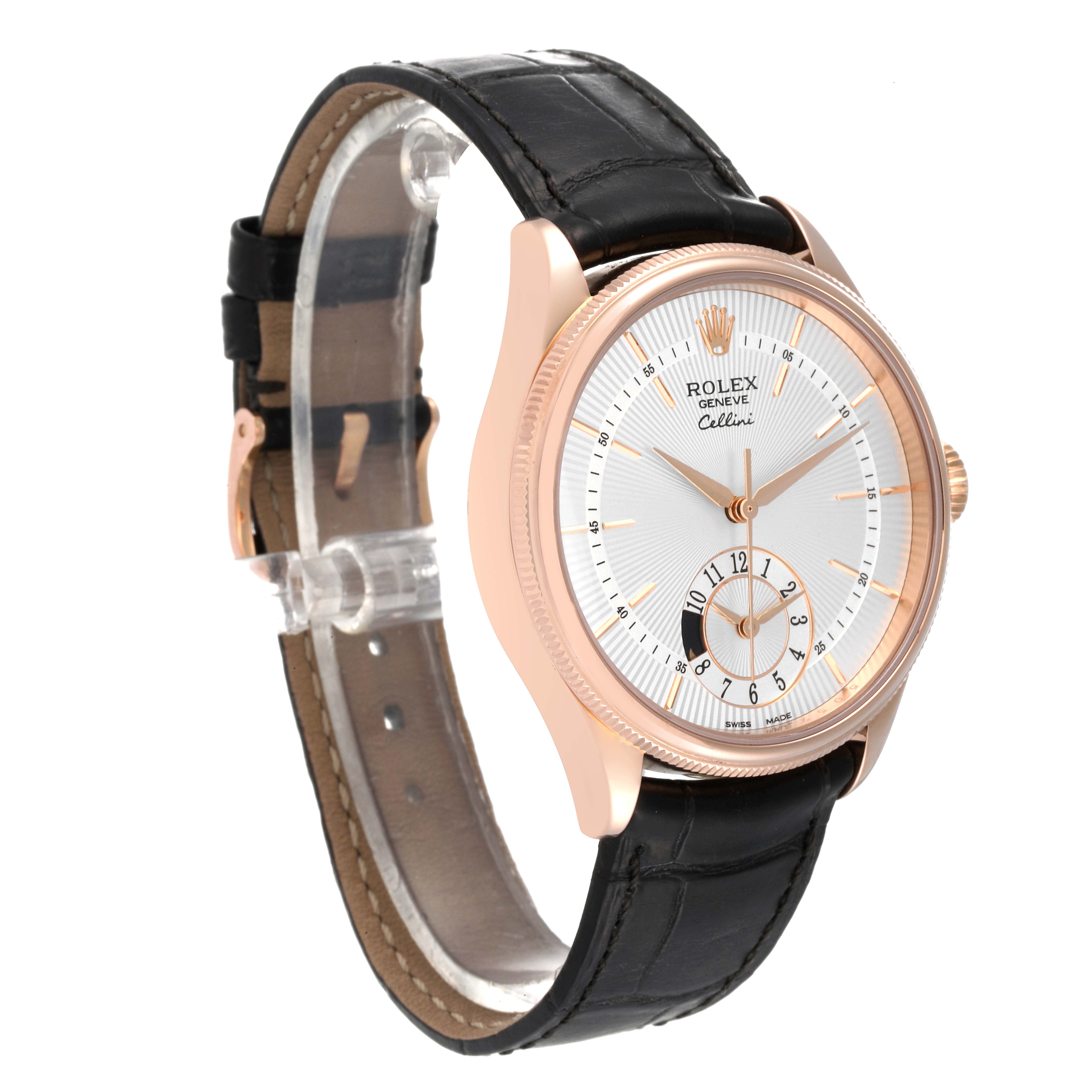 The Rolex Cellini 50525 Men's Rose Gold Silver Dial 50525 Men's Rose Gold Silver Dial watch is shown at a slight angle, displaying its face, bezel, crown, and black leather strap.
