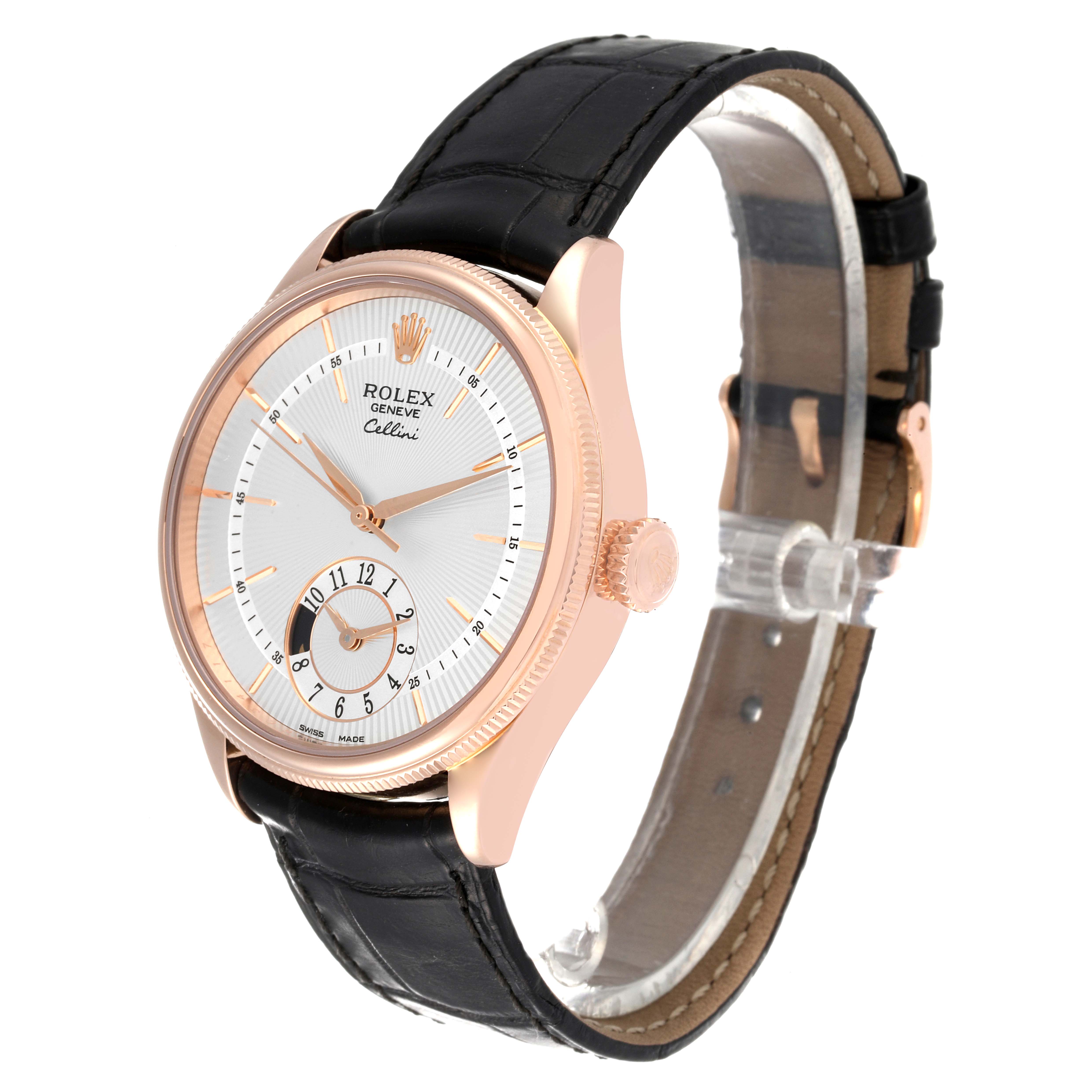 The image shows a side view of a Rolex Cellini 50525 Men's Rose Gold Silver Dial 50525 Men's Rose Gold Silver Dial watch, highlighting its dial, crown, and leather strap.