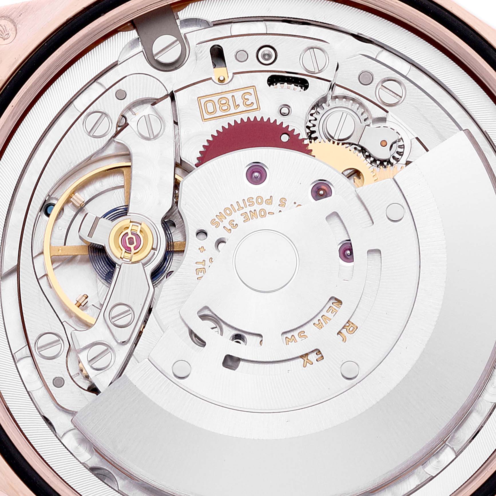The image shows a close-up view of the movement mechanism inside a Rolex Cellini 50525 Men's Rose Gold Silver Dial 50525 Men's Rose Gold Silver Dial watch.