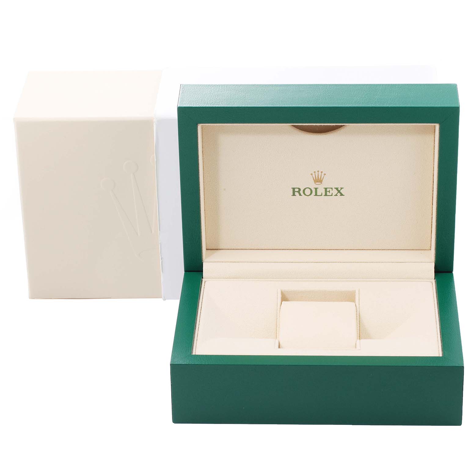 The image shows an open, empty Rolex Cellini 50525 Men's Rose Gold Silver Dial 50525 Men's Rose Gold Silver Dial watch box with a green exterior and a beige interior.