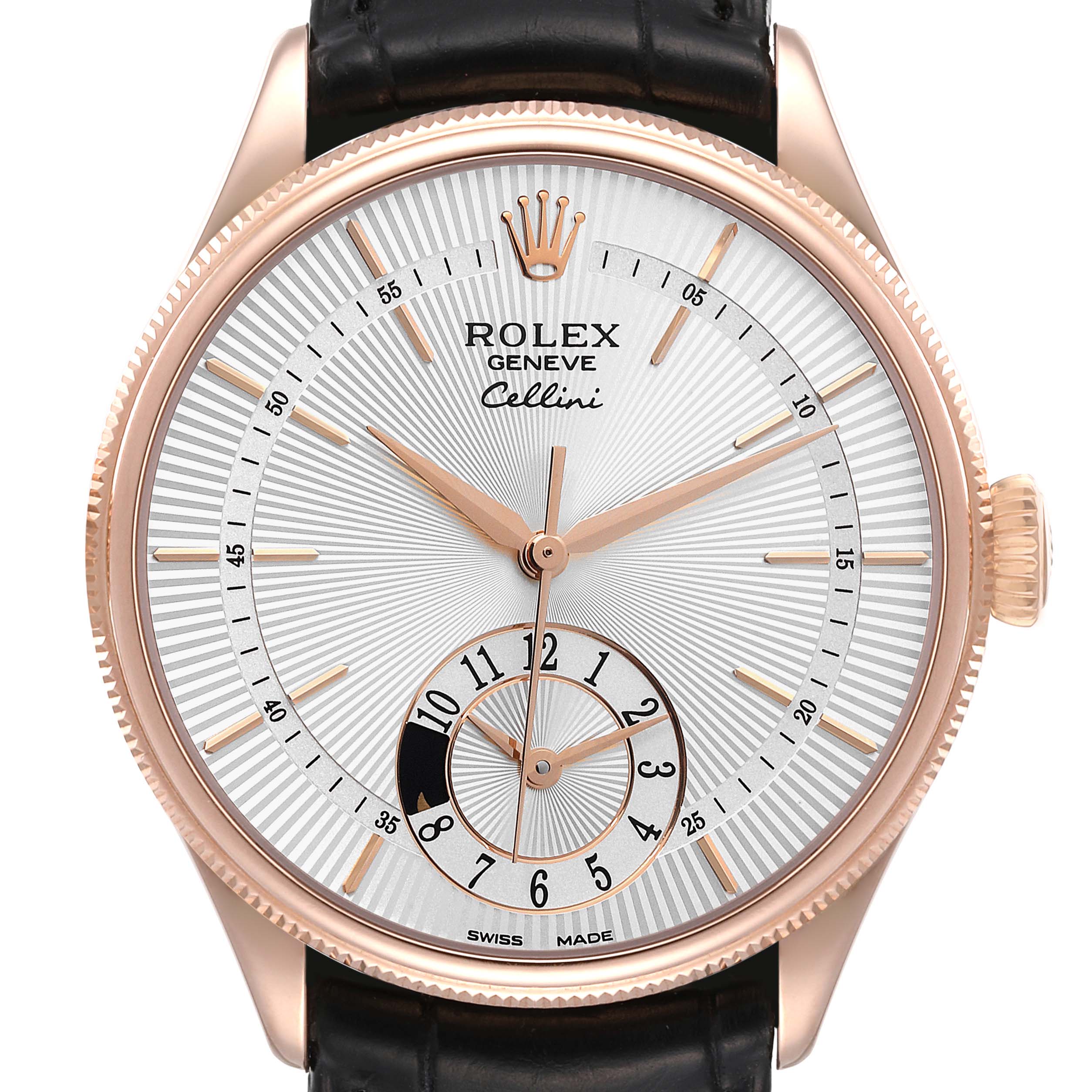The Rolex Cellini 50525 Men's Rose Gold Silver Dial 50525 Men's Rose Gold Silver Dial watch is shown from a front angle, highlighting its dial, crown, and strap.
