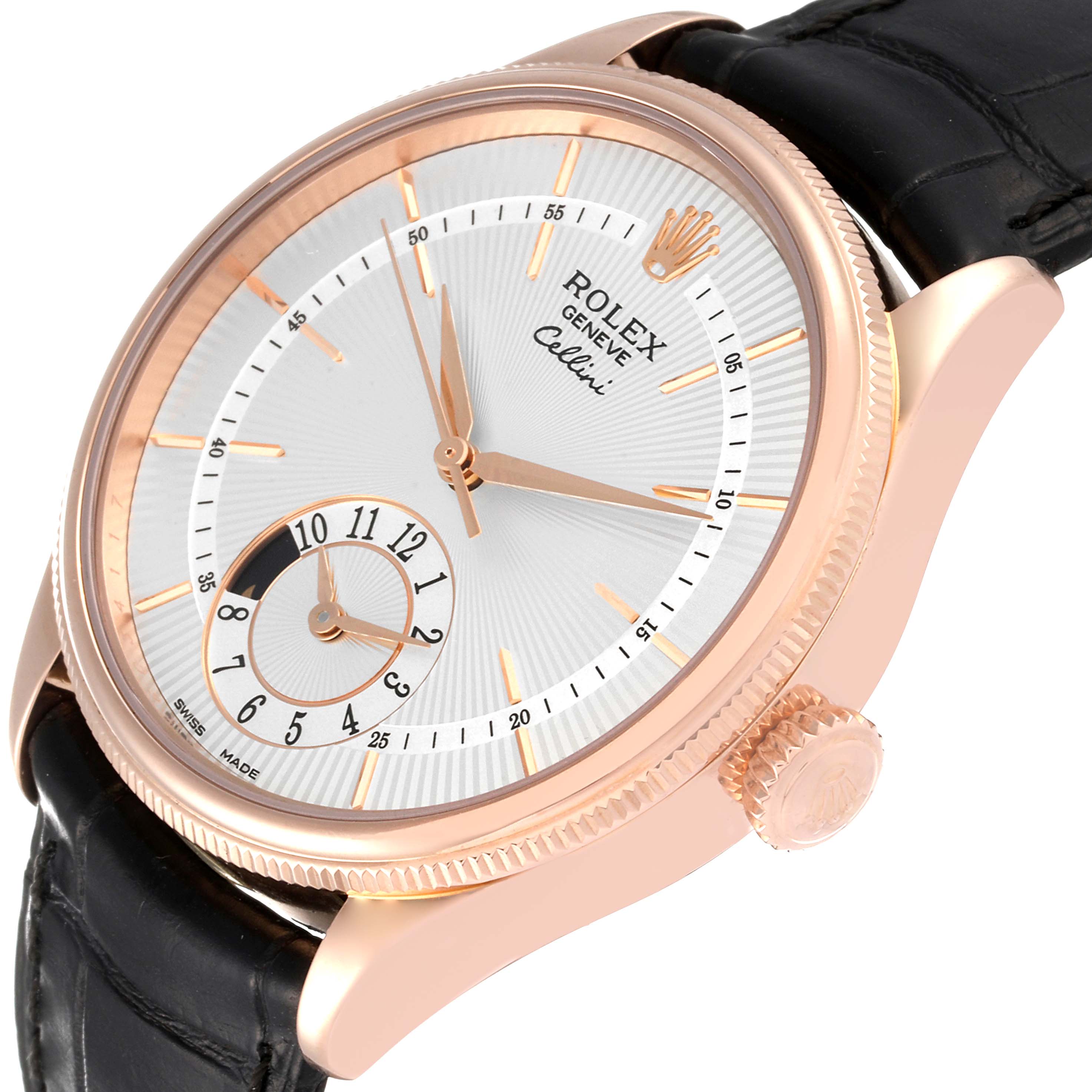 This image shows a close-up side angle of the Rolex Cellini 50525 Men's Rose Gold Silver Dial 50525 Men's Rose Gold Silver Dial watch, highlighting the dial, crown, and strap.