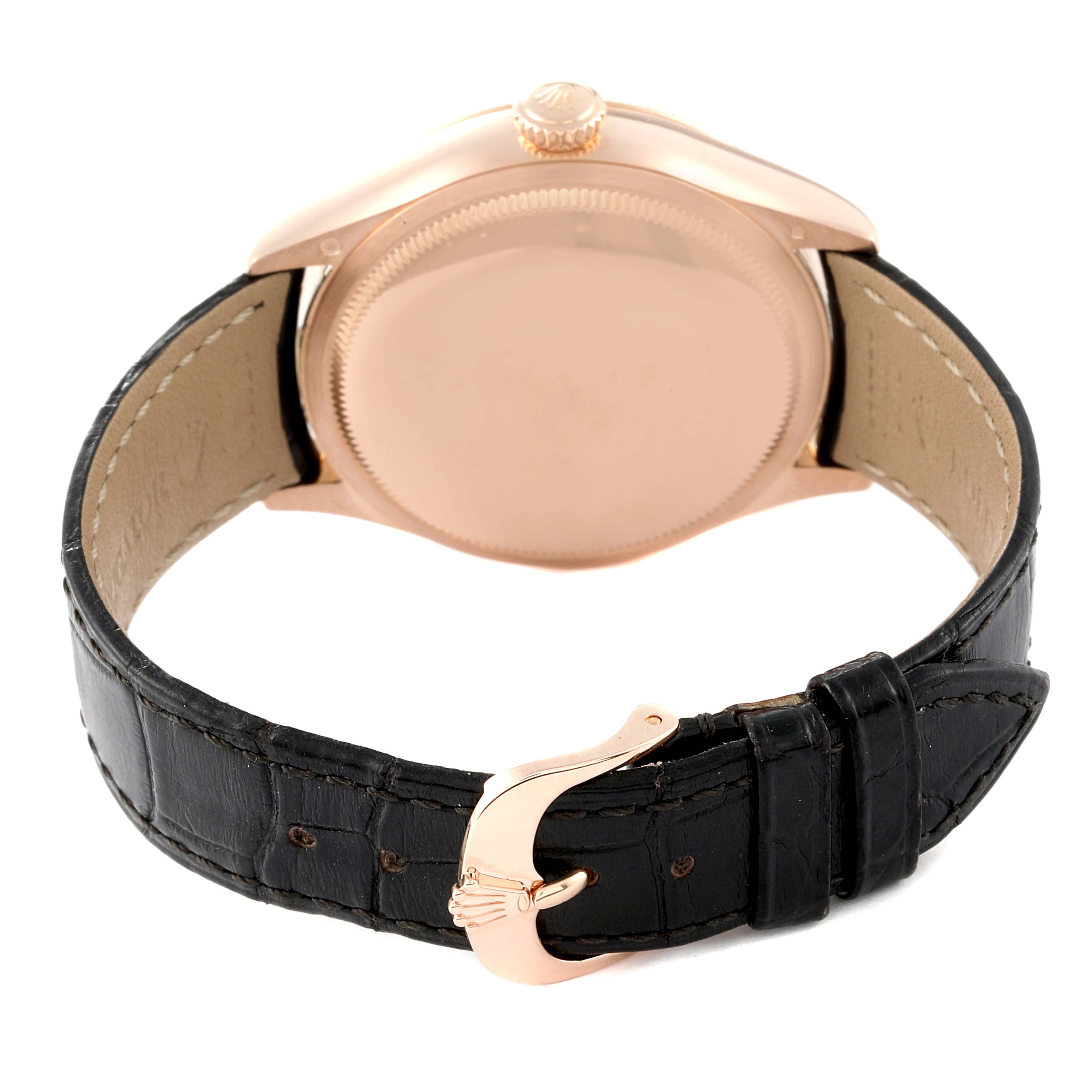 The Rolex Cellini 50525 Men's Rose Gold Silver Dial 50525 Men's Rose Gold Silver Dial watch is shown from the back angle, displaying the case back and leather strap with a clasp.