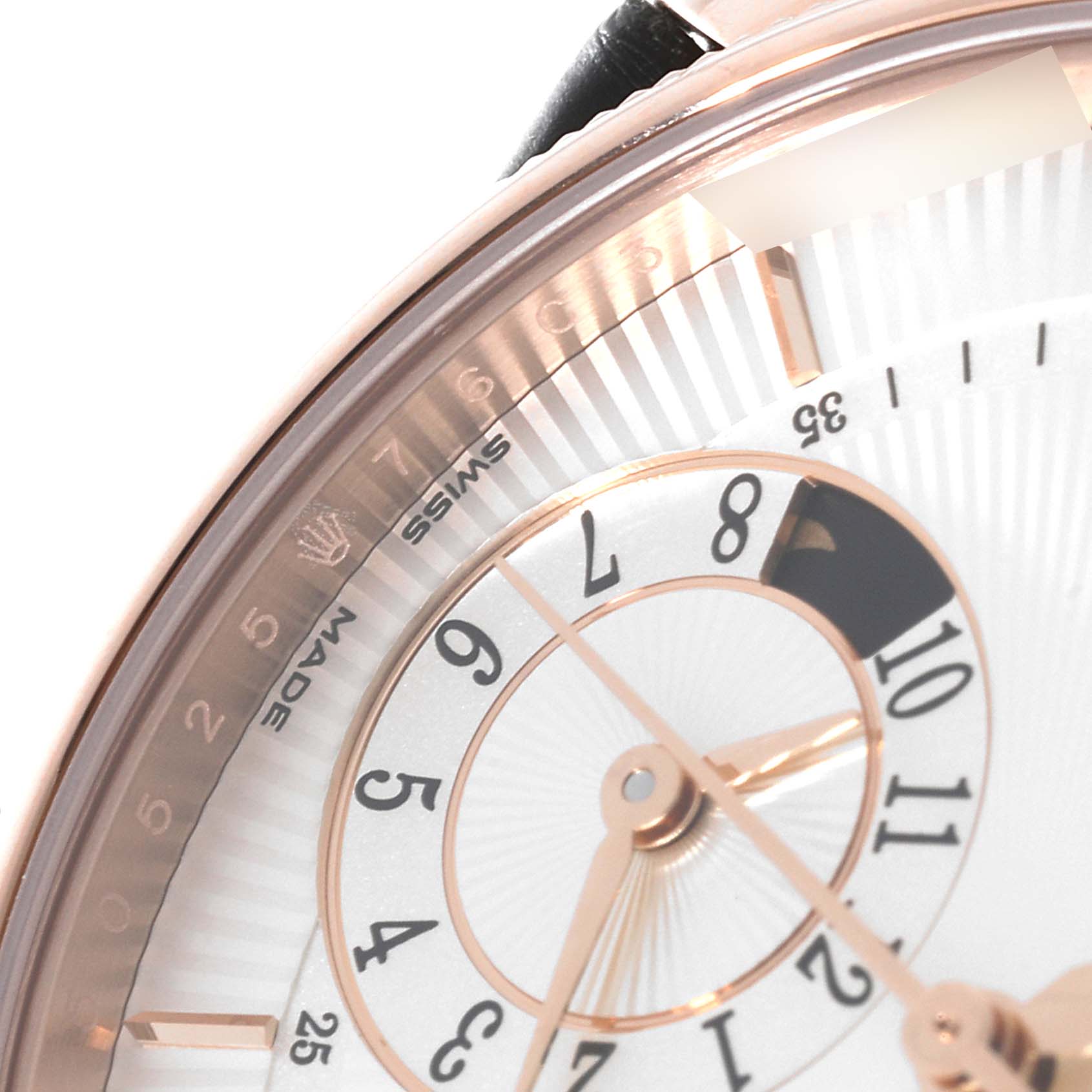 The image shows a close-up view of the dial and part of the case of a Rolex Cellini 50525 Men's Rose Gold Silver Dial 50525 Men's Rose Gold Silver Dial watch.