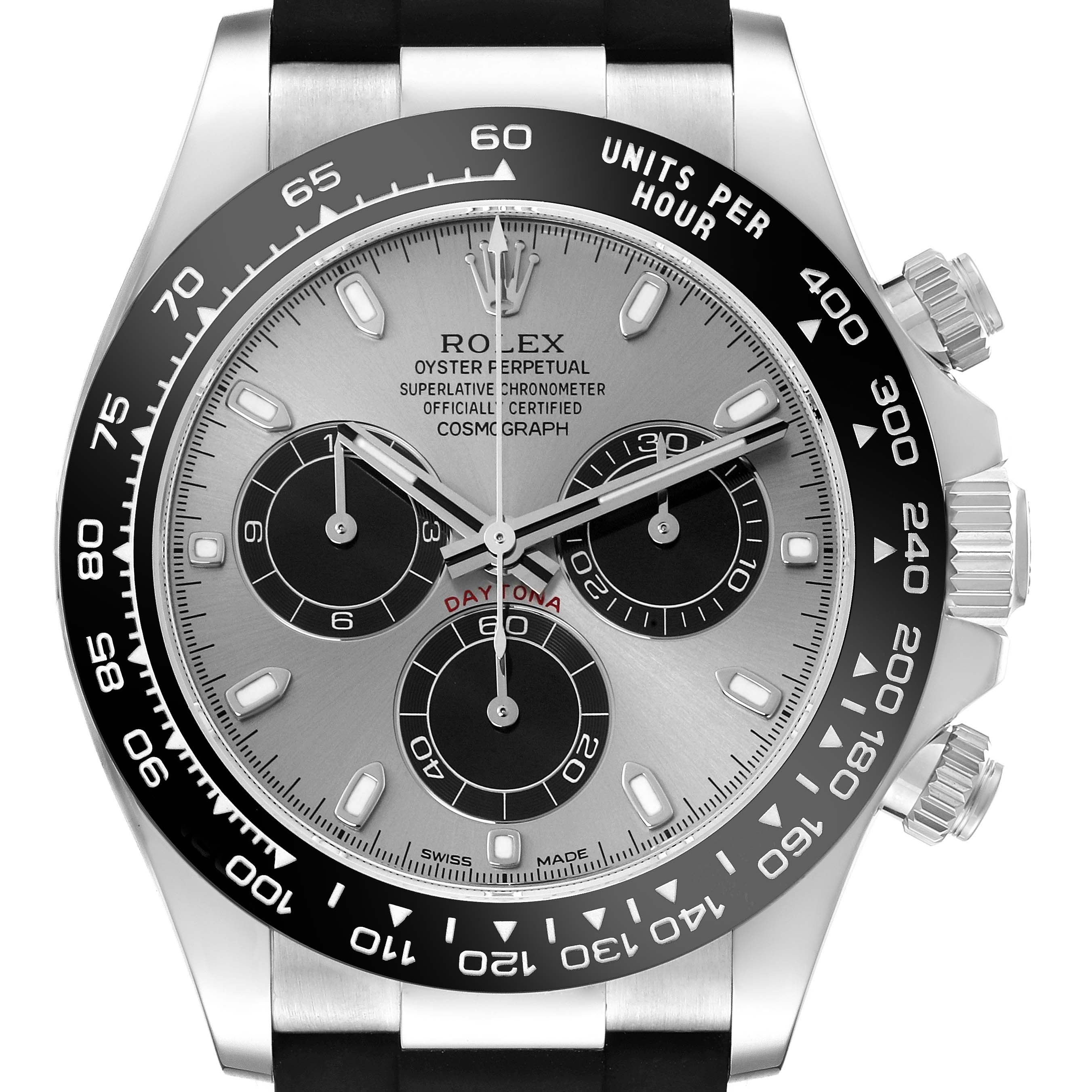 The Rolex Daytona 116519LN Men
s White Gold Silver Dial 116519LN Men
s White Gold Silver Dial is shown from the front, displaying its dial, bezel, sub-dials, and crown.