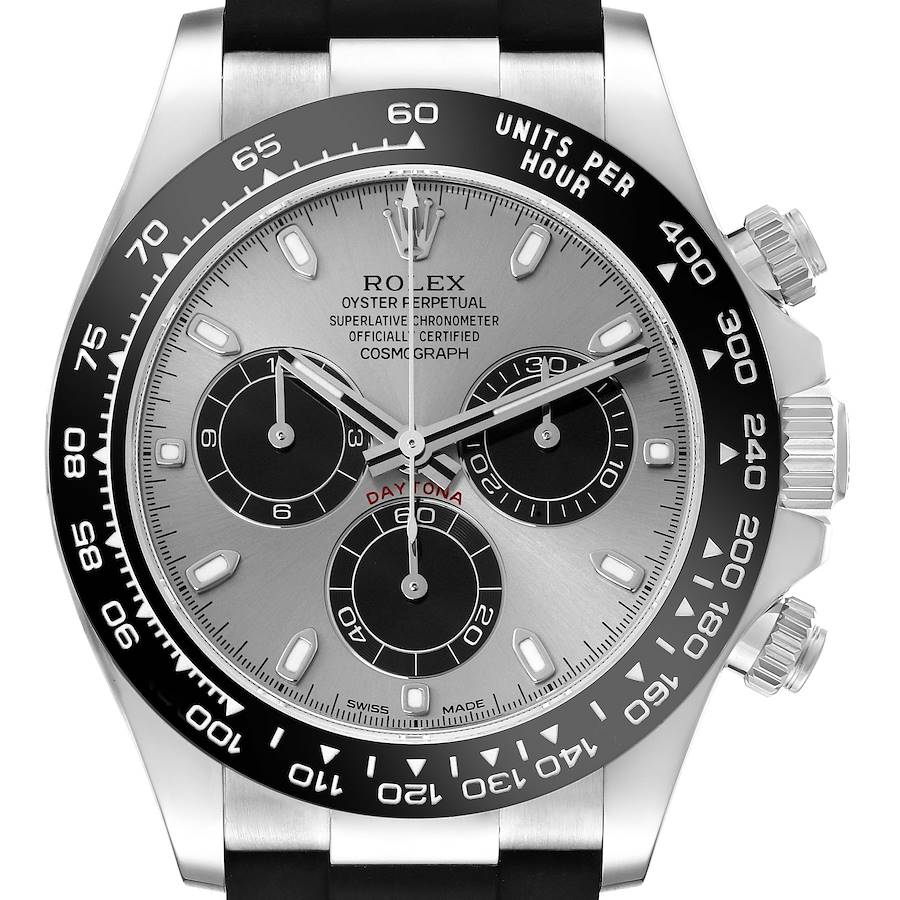 The Rolex Daytona is shown from the front, displaying its dial, bezel, sub-dials, and crown.