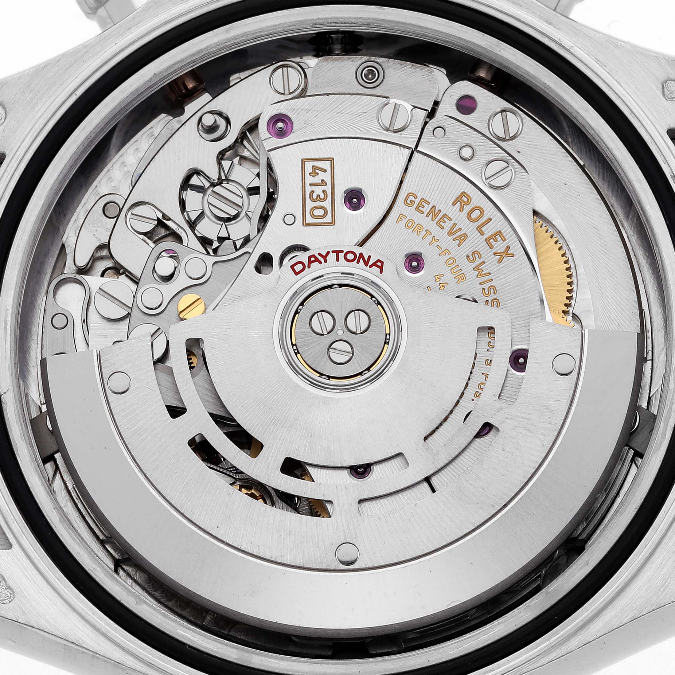 The image shows the movement and mechanical parts of a Rolex Daytona 116519LN Men
s White Gold Silver Dial 116519LN Men
s White Gold Silver Dial watch from a rear, close-up angle.
