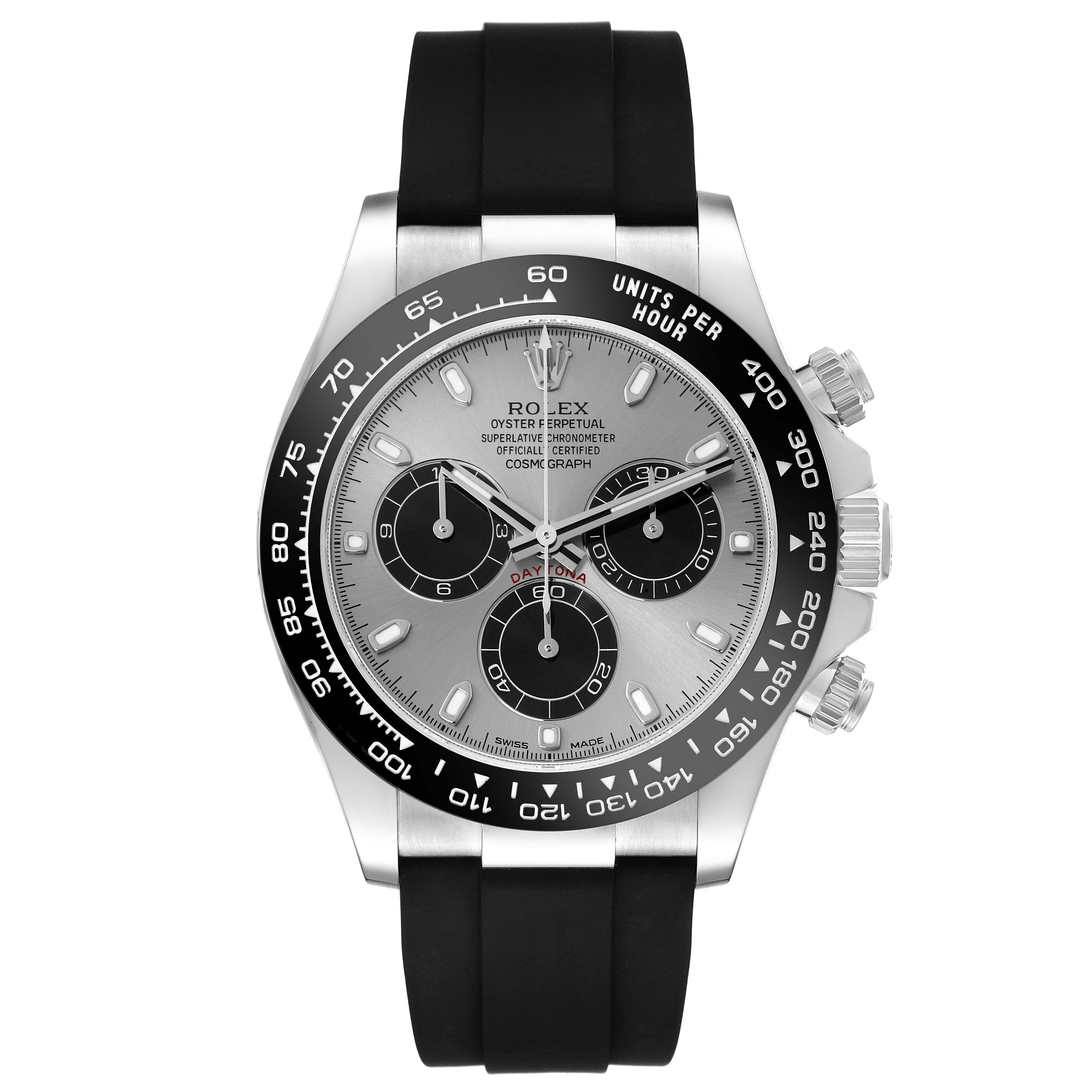 The Rolex Daytona 116519LN Men
s White Gold Silver Dial 116519LN Men
s White Gold Silver Dial watch is shown from the front with its bezel, dial, subdials, and black strap visible.