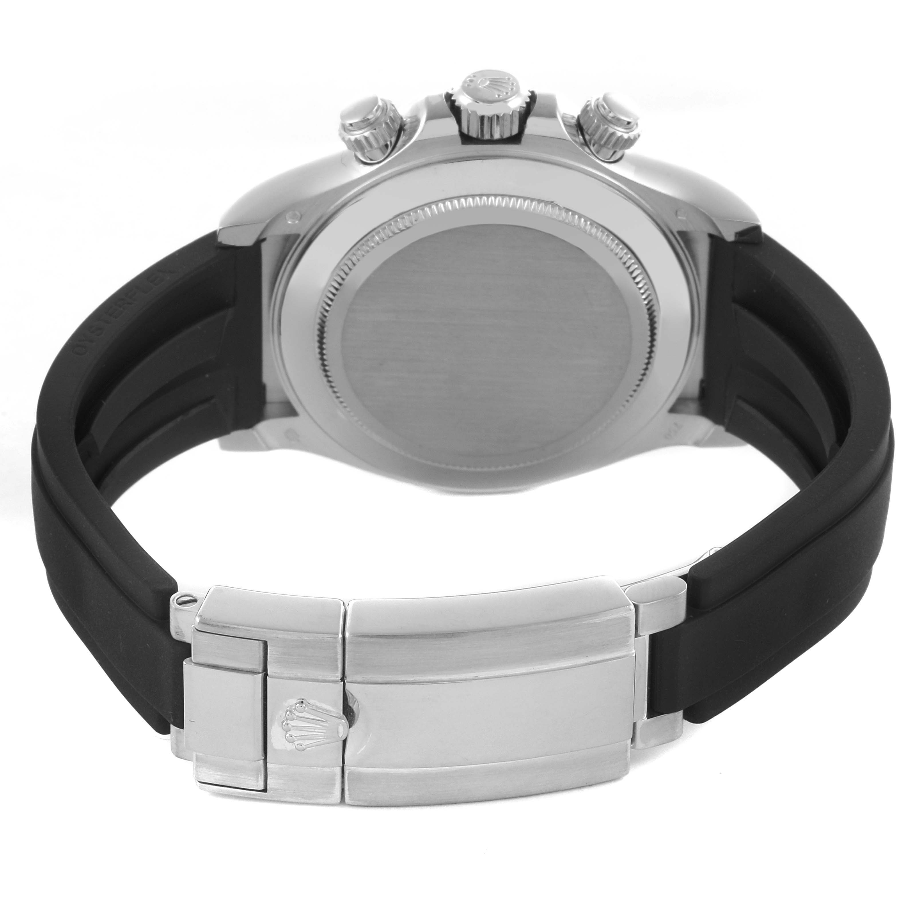 The image shows the back of a Rolex Daytona 116519LN Men
s White Gold Silver Dial 116519LN Men
s White Gold Silver Dial watch, highlighting the case, clasp, and rubber strap.