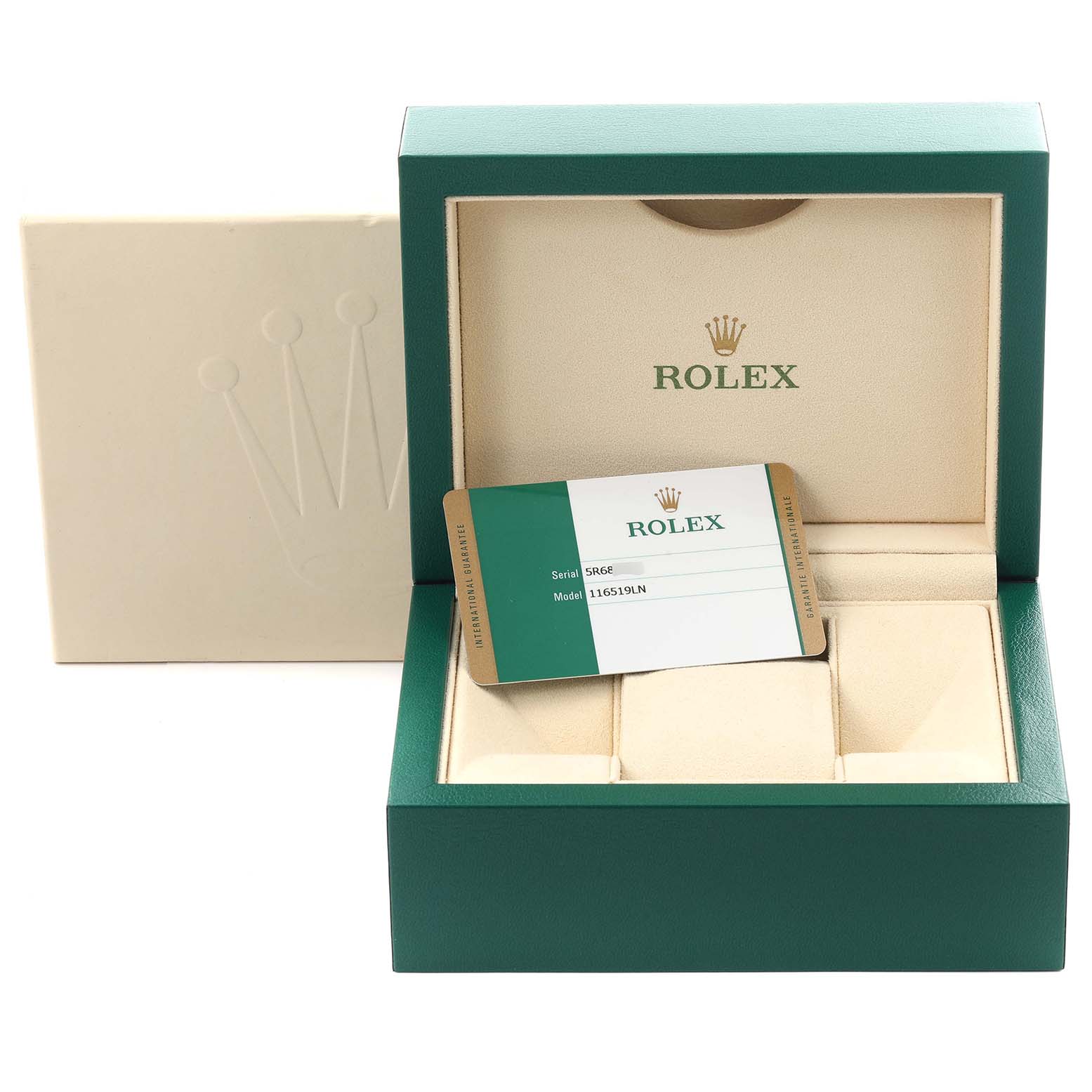 The image shows an open Rolex Daytona 116519LN Men
s White Gold Silver Dial 116519LN Men
s White Gold Silver Dial box at a front angle with a warranty card inside.