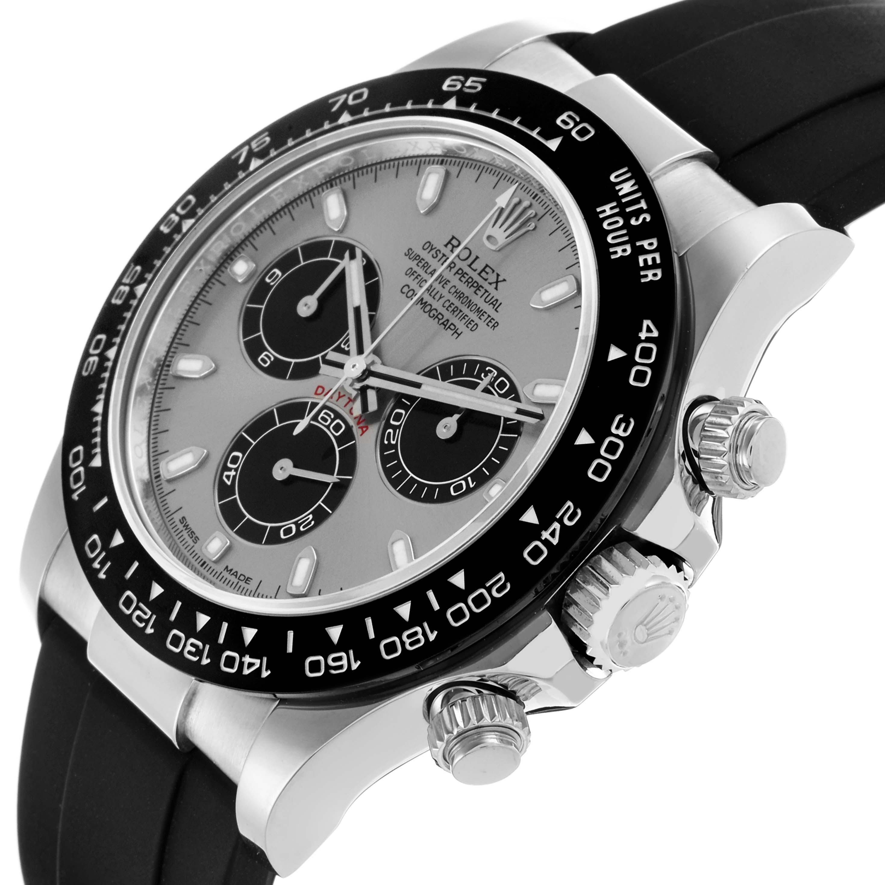 The Rolex Daytona 116519LN Men
s White Gold Silver Dial 116519LN Men
s White Gold Silver Dial watch is shown at a slight angle, highlighting the face, bezel, and side buttons.