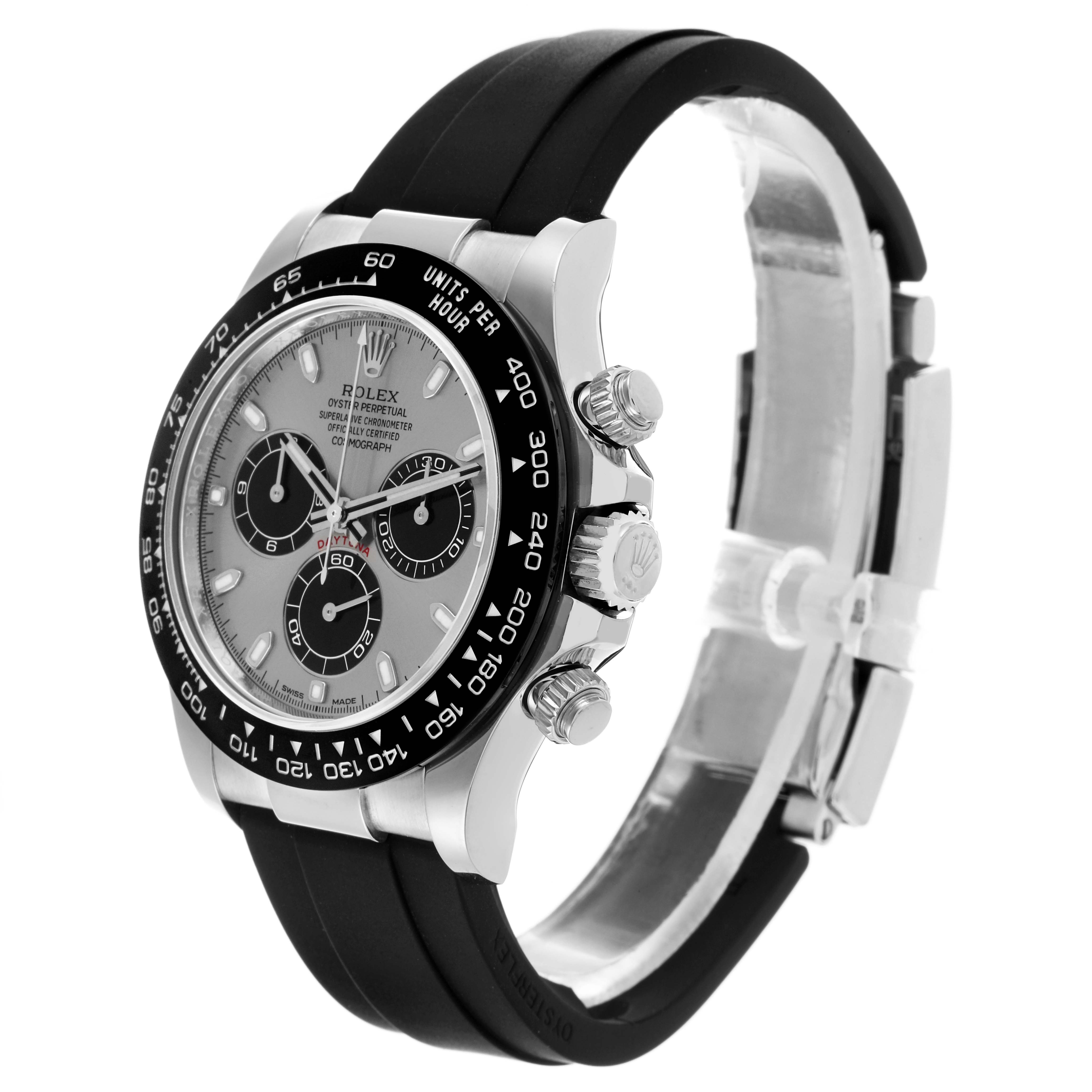 The Rolex Daytona 116519LN Men
s White Gold Silver Dial 116519LN Men
s White Gold Silver Dial watch is shown at a three-quarter angle, highlighting the bezel, dial, and chronograph pushers.