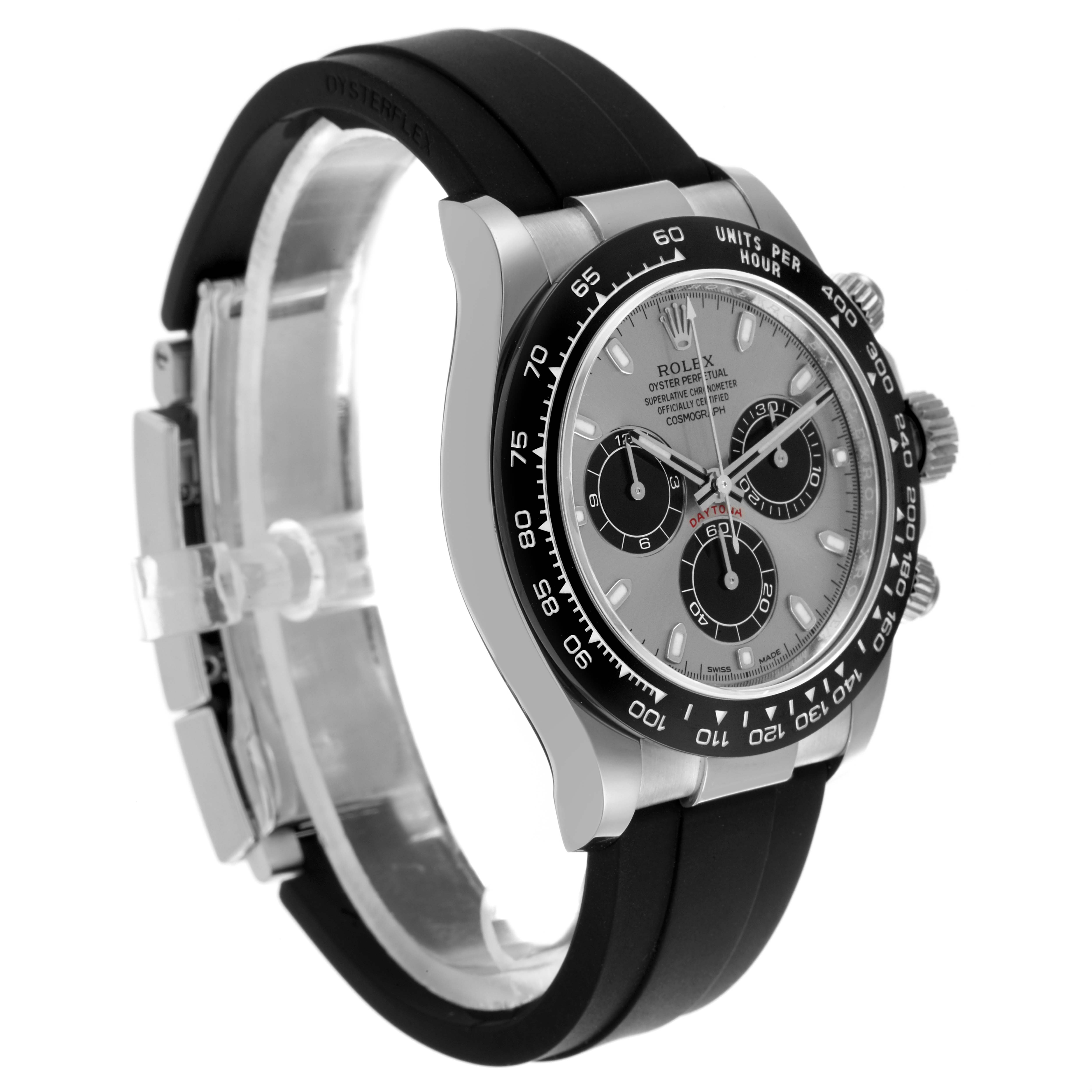 The Rolex Daytona 116519LN Men
s White Gold Silver Dial 116519LN Men
s White Gold Silver Dial watch is shown at a three-quarter angle, displaying the face, bezel, and black rubber strap.