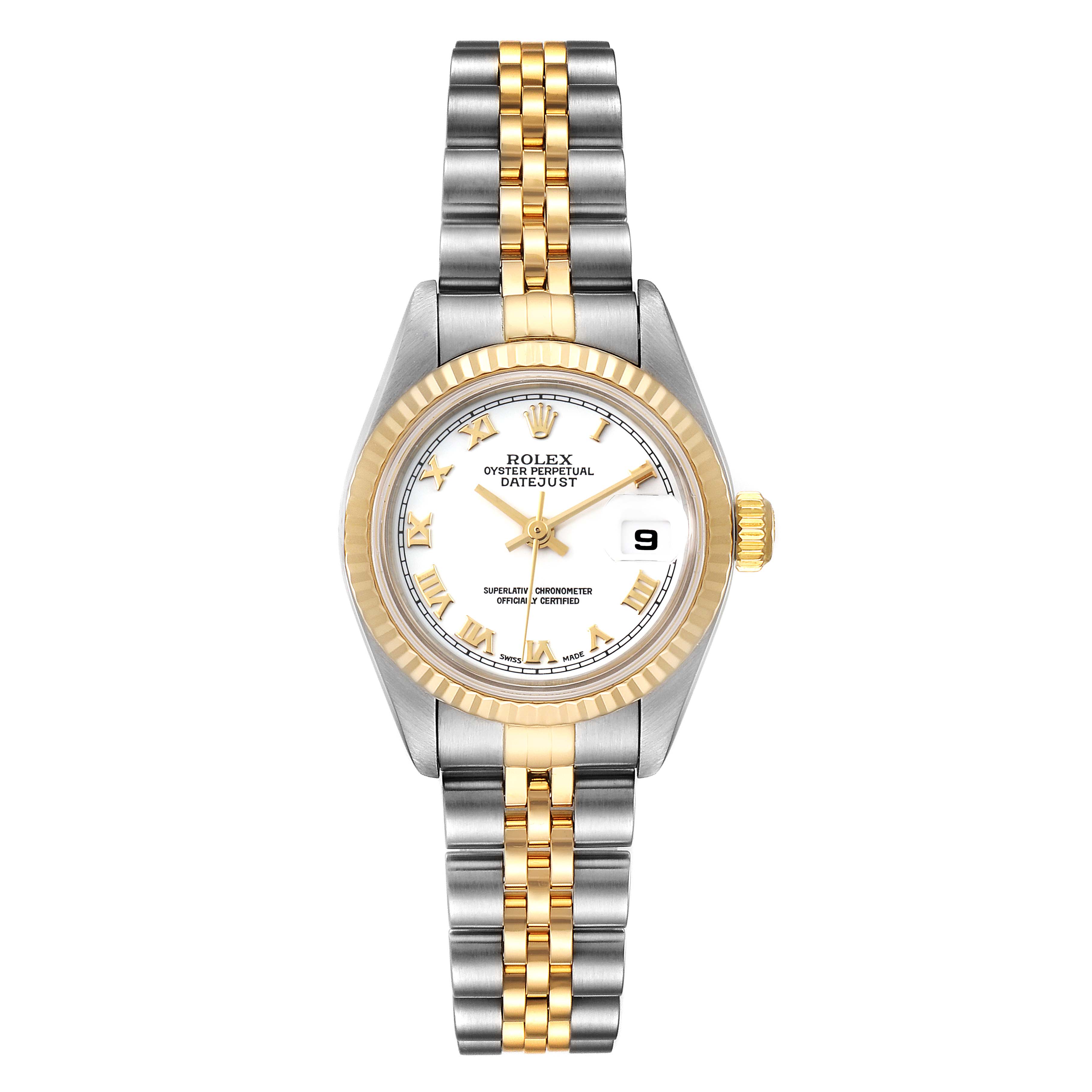 The image shows a front view of a Rolex Datejust 79173 Women's Steel and Gold (two tone) White Dial 79173 Women's Steel and Gold (two tone) White Dial watch, featuring a two-tone band and a date display at the 3 o'clock position.