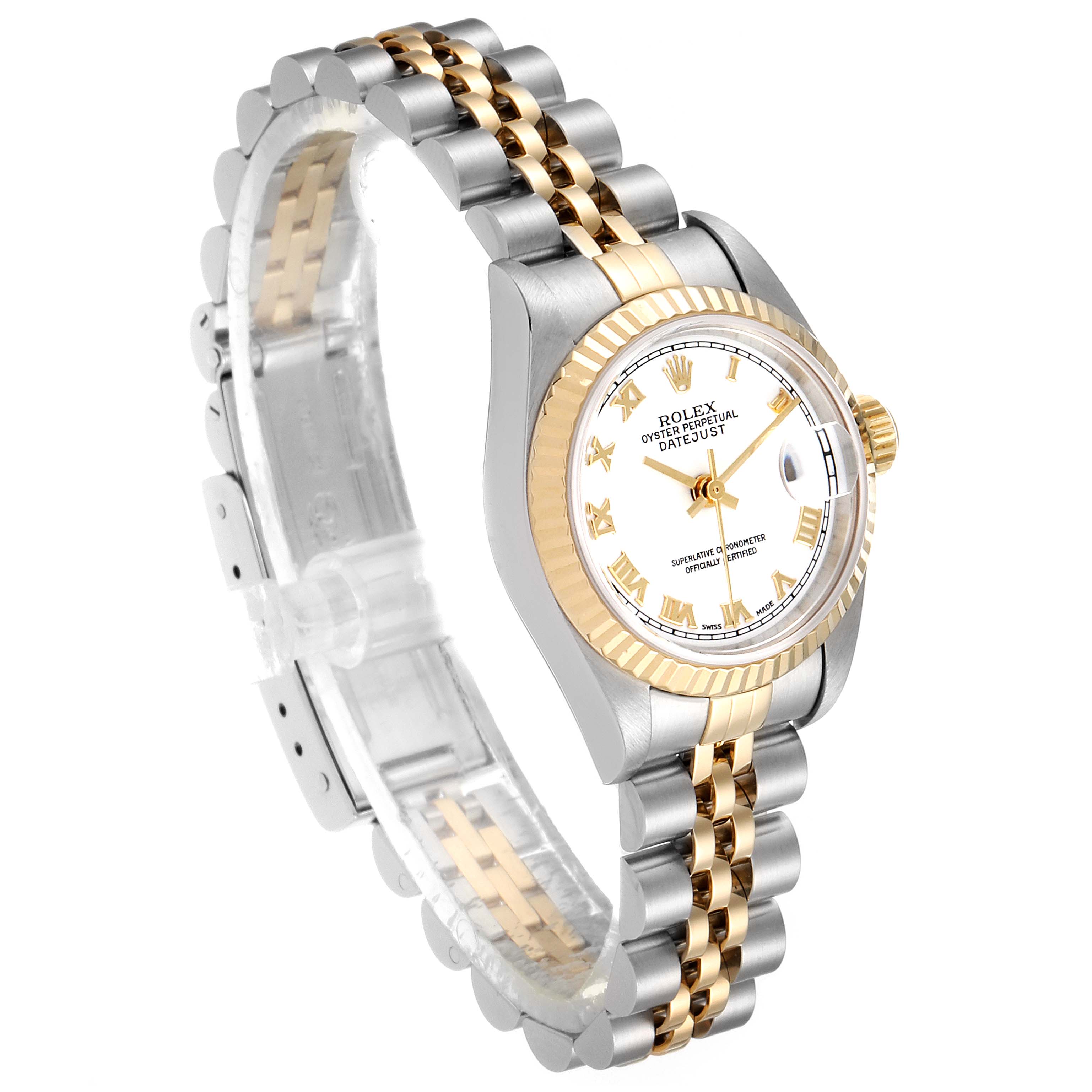 This image shows a Rolex Datejust 79173 Women's Steel and Gold (two tone) White Dial 79173 Women's Steel and Gold (two tone) White Dial watch at an angle highlighting the face, bezel, and two-tone bracelet.