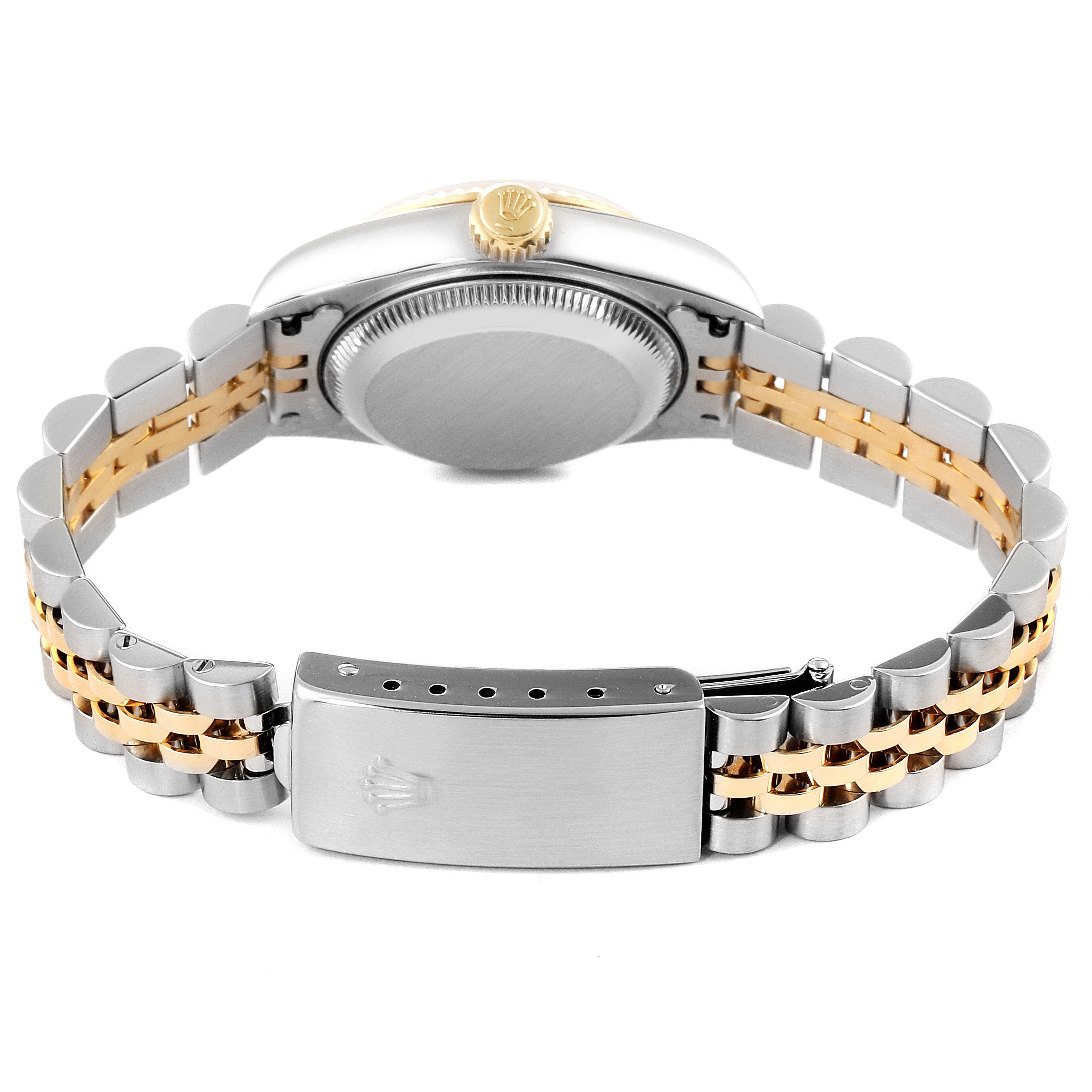 The image shows the back angle of a Rolex Datejust 79173 Women's Steel and Gold (two tone) White Dial 79173 Women's Steel and Gold (two tone) White Dial watch, highlighting its two-tone bracelet and clasp.