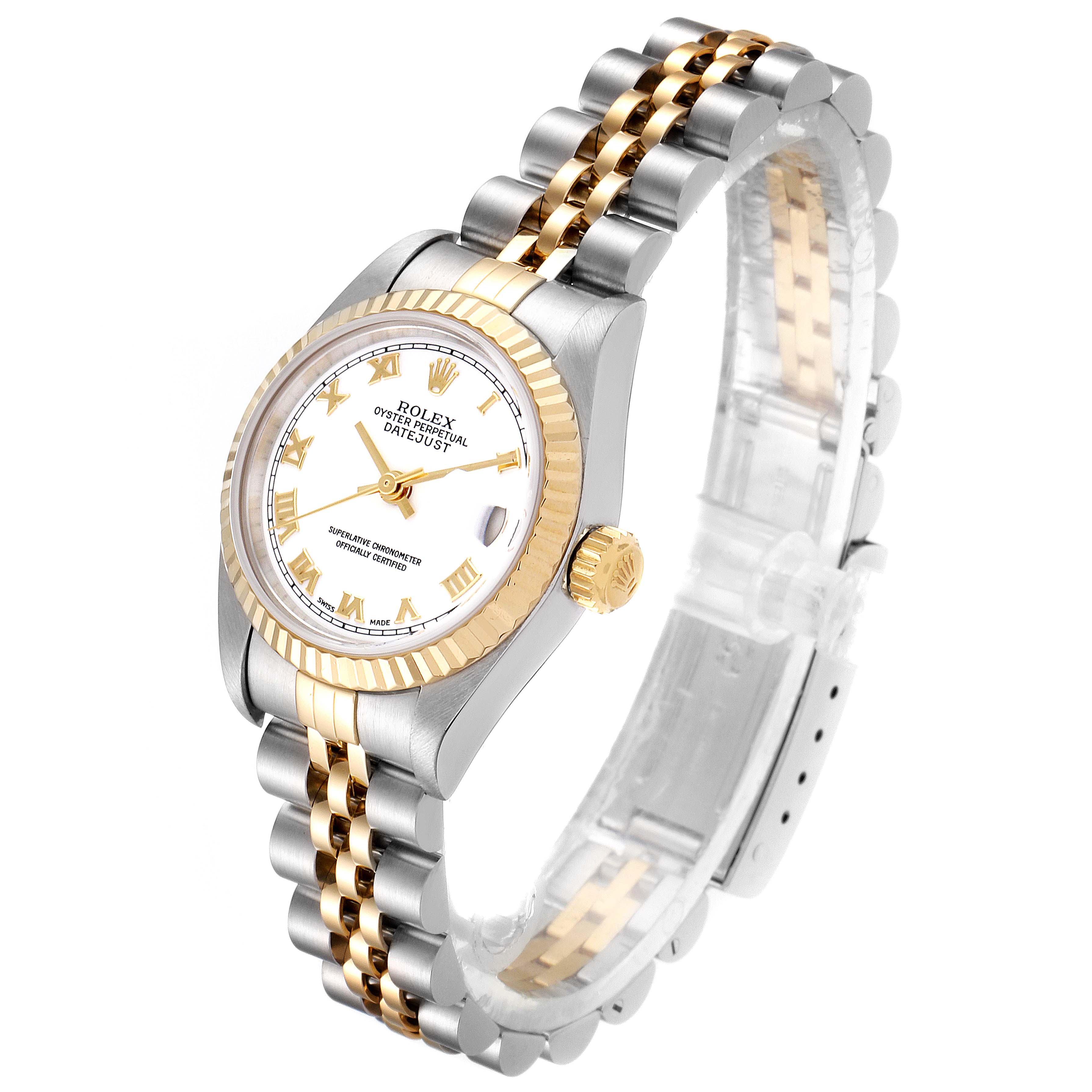 The Rolex Datejust 79173 Women's Steel and Gold (two tone) White Dial 79173 Women's Steel and Gold (two tone) White Dial watch is shown at a slight angle, highlighting its face, crown, and two-tone bracelet.