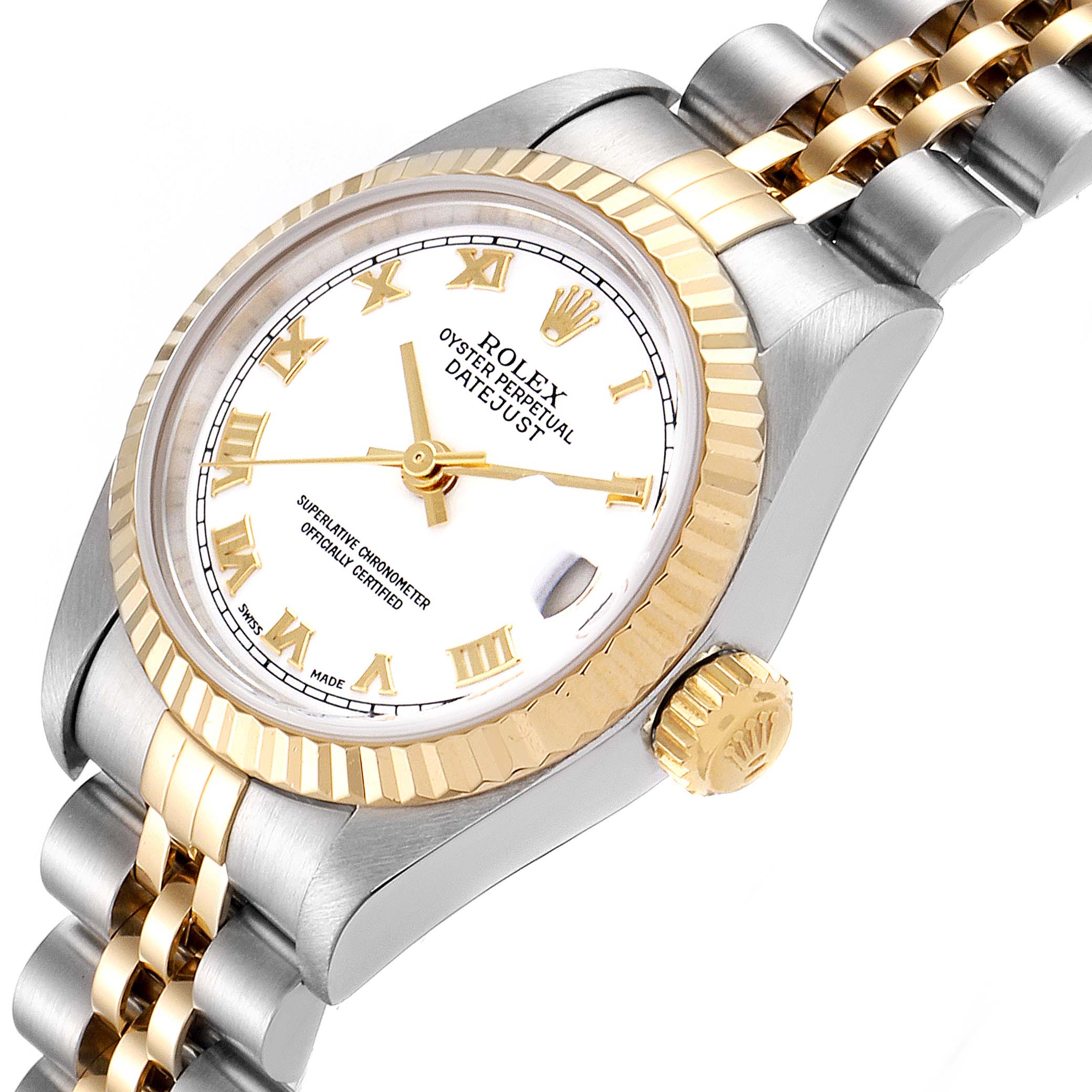 The image shows a close-up of the Rolex Datejust 79173 Women's Steel and Gold (two tone) White Dial 79173 Women's Steel and Gold (two tone) White Dial watch's dial, bezel, crown, and partially visible bracelet at an angled view.