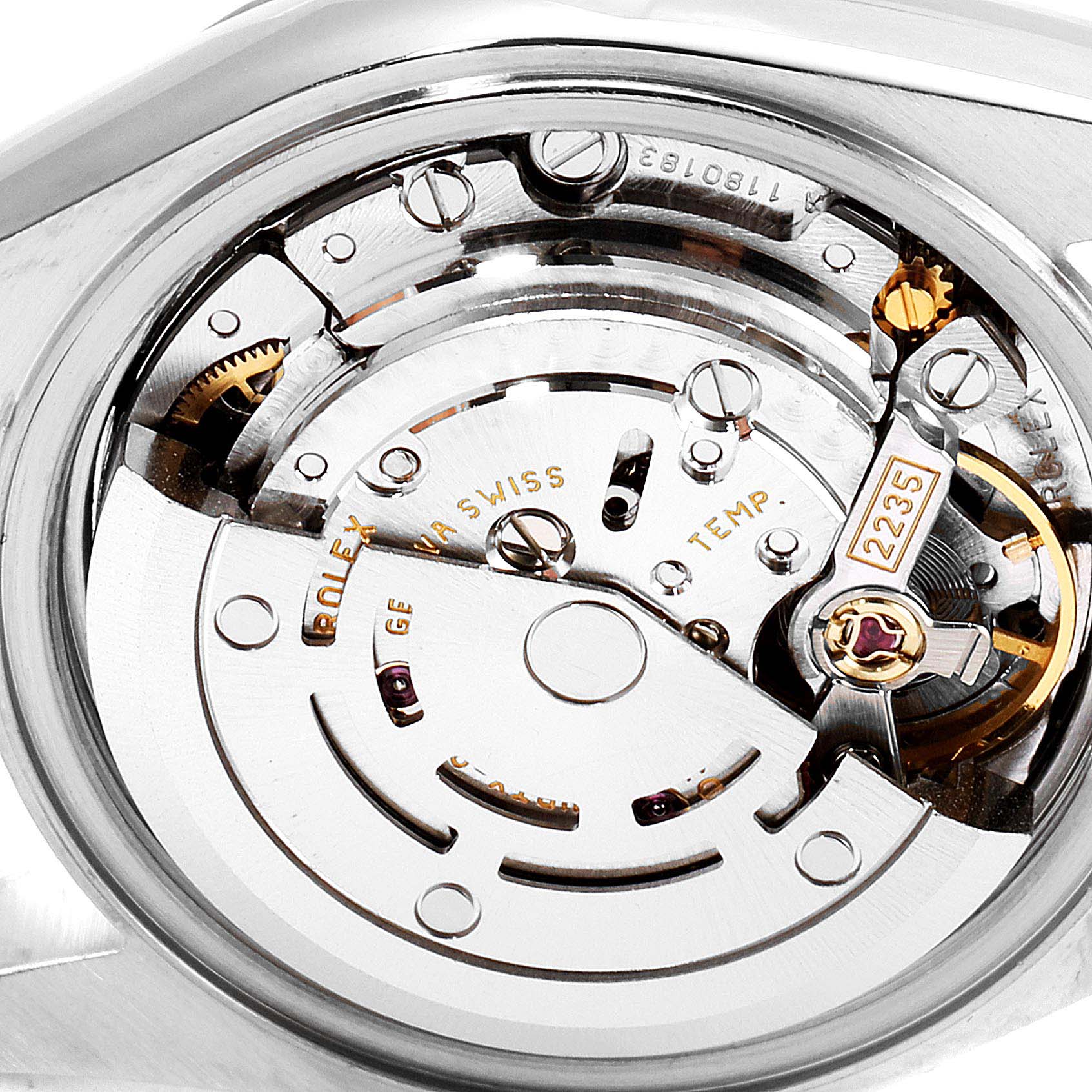 This image shows the intricate inner mechanism of a Rolex Datejust 79173 Women's Steel and Gold (two tone) White Dial 79173 Women's Steel and Gold (two tone) White Dial model viewed from the back, highlighting the movement parts.