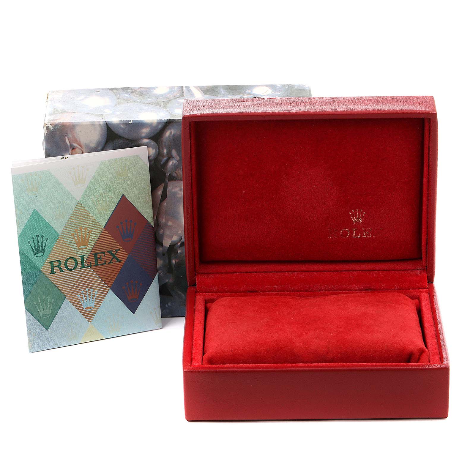 This image shows an open box and warranty booklet for a Rolex Datejust 79173 Women's Steel and Gold (two tone) White Dial 79173 Women's Steel and Gold (two tone) White Dial watch, taken from a front angle.