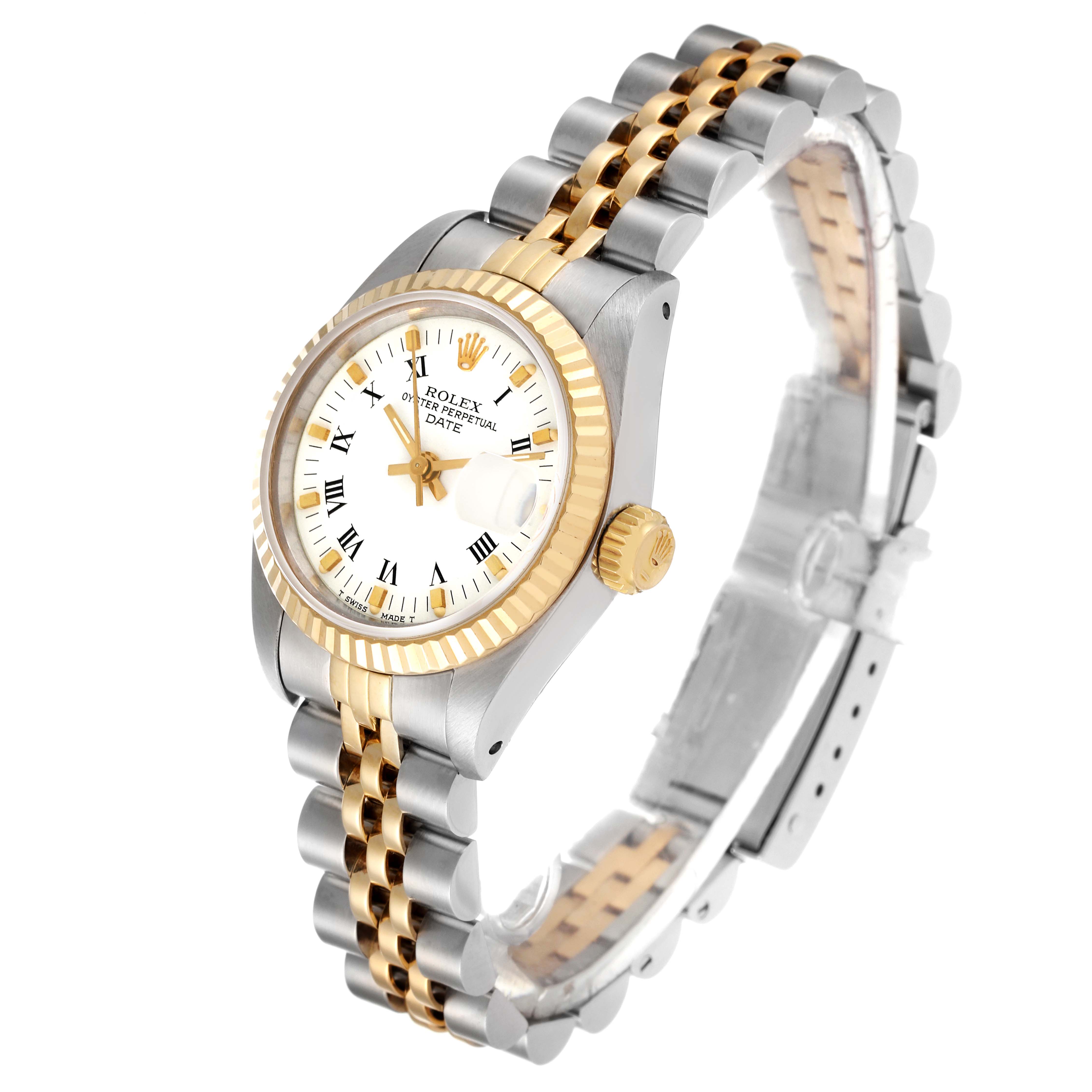 The image shows a Rolex Datejust 69173 Women's Steel and Gold (two tone) White Dial 69173 Women's Steel and Gold (two tone) White Dial watch at a slight angle, highlighting its two-tone bracelet, case, and dial.