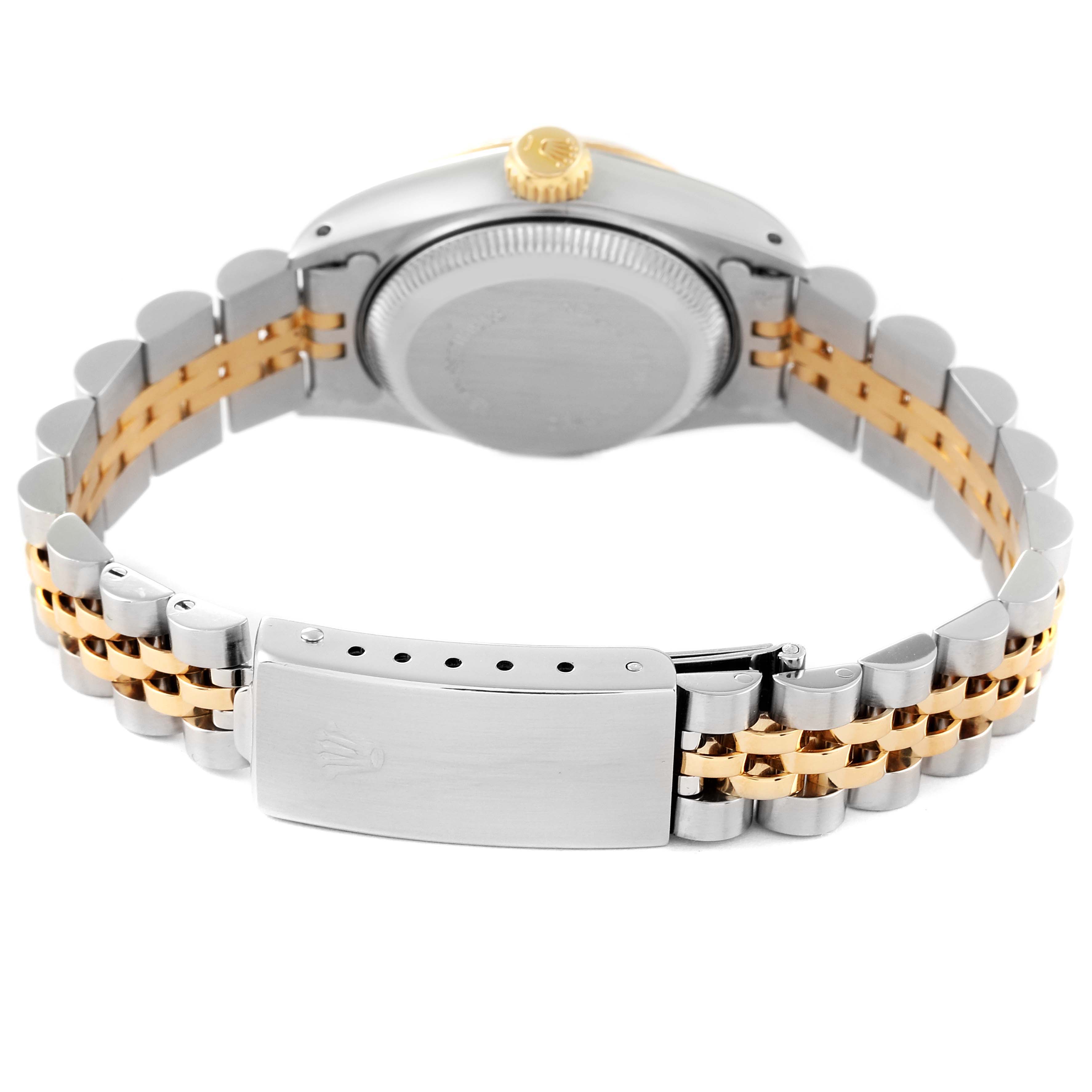 The image shows the back view of a Rolex Datejust 69173 Women's Steel and Gold (two tone) White Dial 69173 Women's Steel and Gold (two tone) White Dial watch, highlighting its case back, crown, jubilee bracelet, and clasp.