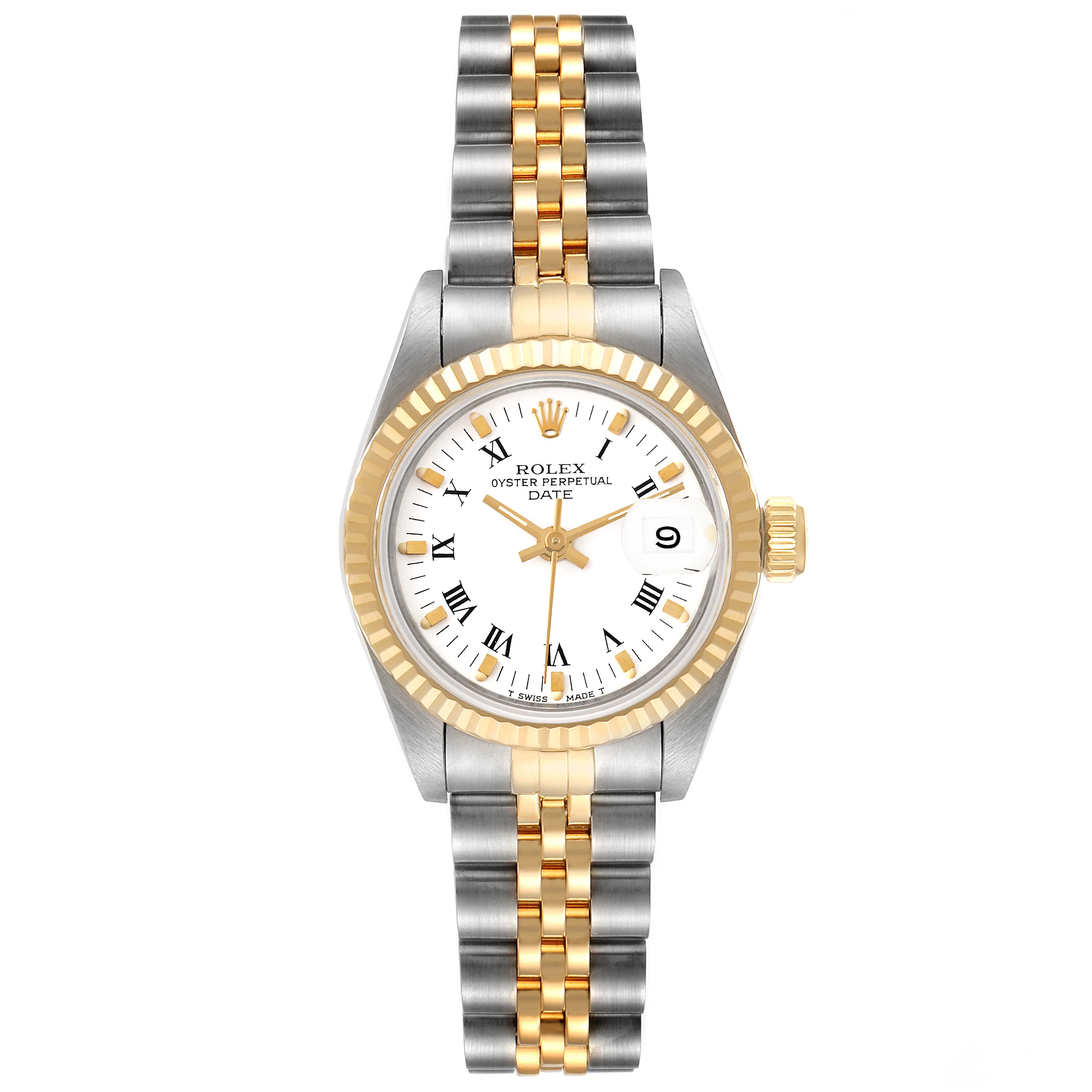 The image shows a front view of a Rolex Datejust 69173 Women's Steel and Gold (two tone) White Dial 69173 Women's Steel and Gold (two tone) White Dial watch, highlighting its two-tone bracelet, fluted bezel, and white dial with Roman numeral markers.