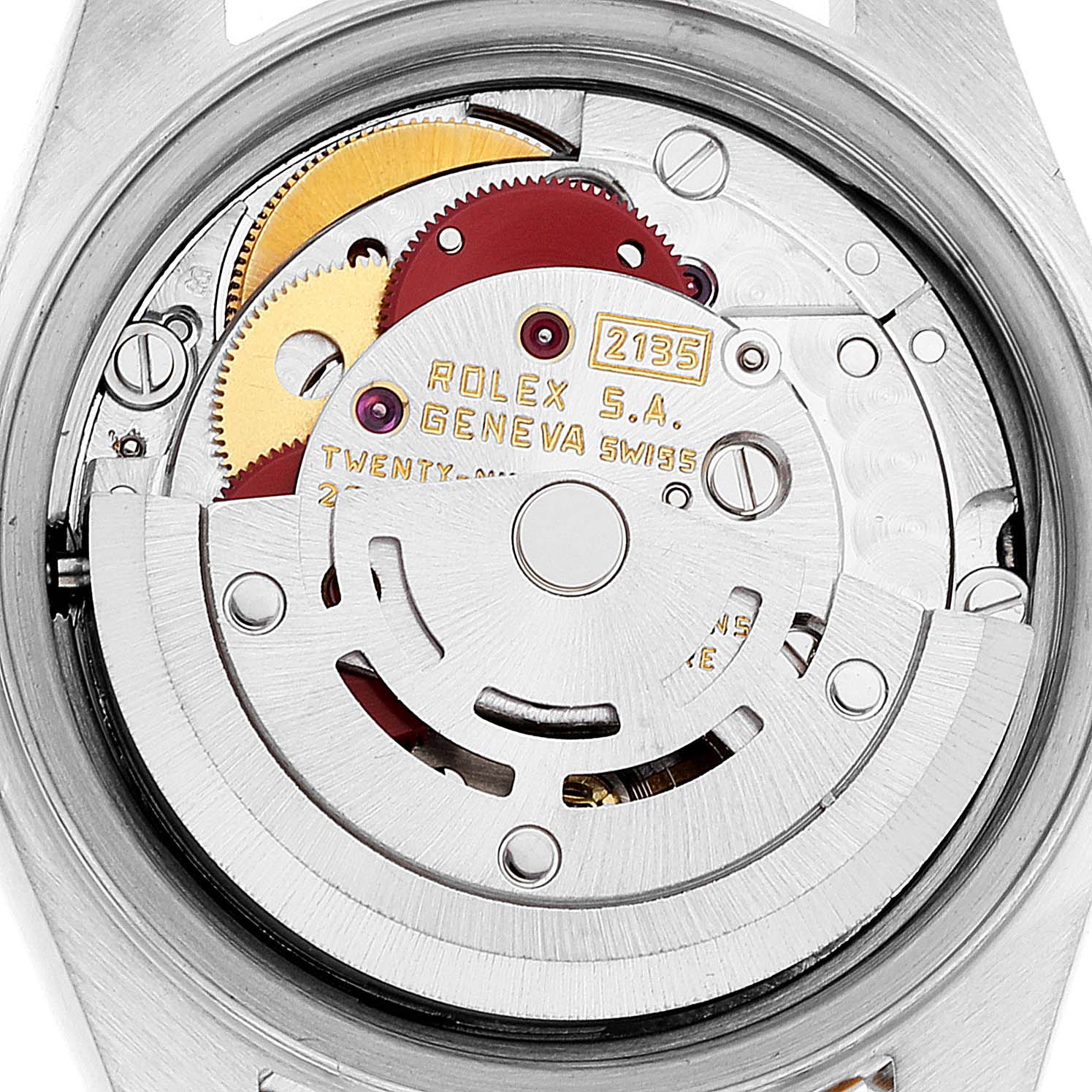 This image shows the movement mechanism of a Rolex Datejust 69173 Women's Steel and Gold (two tone) White Dial 69173 Women's Steel and Gold (two tone) White Dial watch, viewed from the back with the case removed.