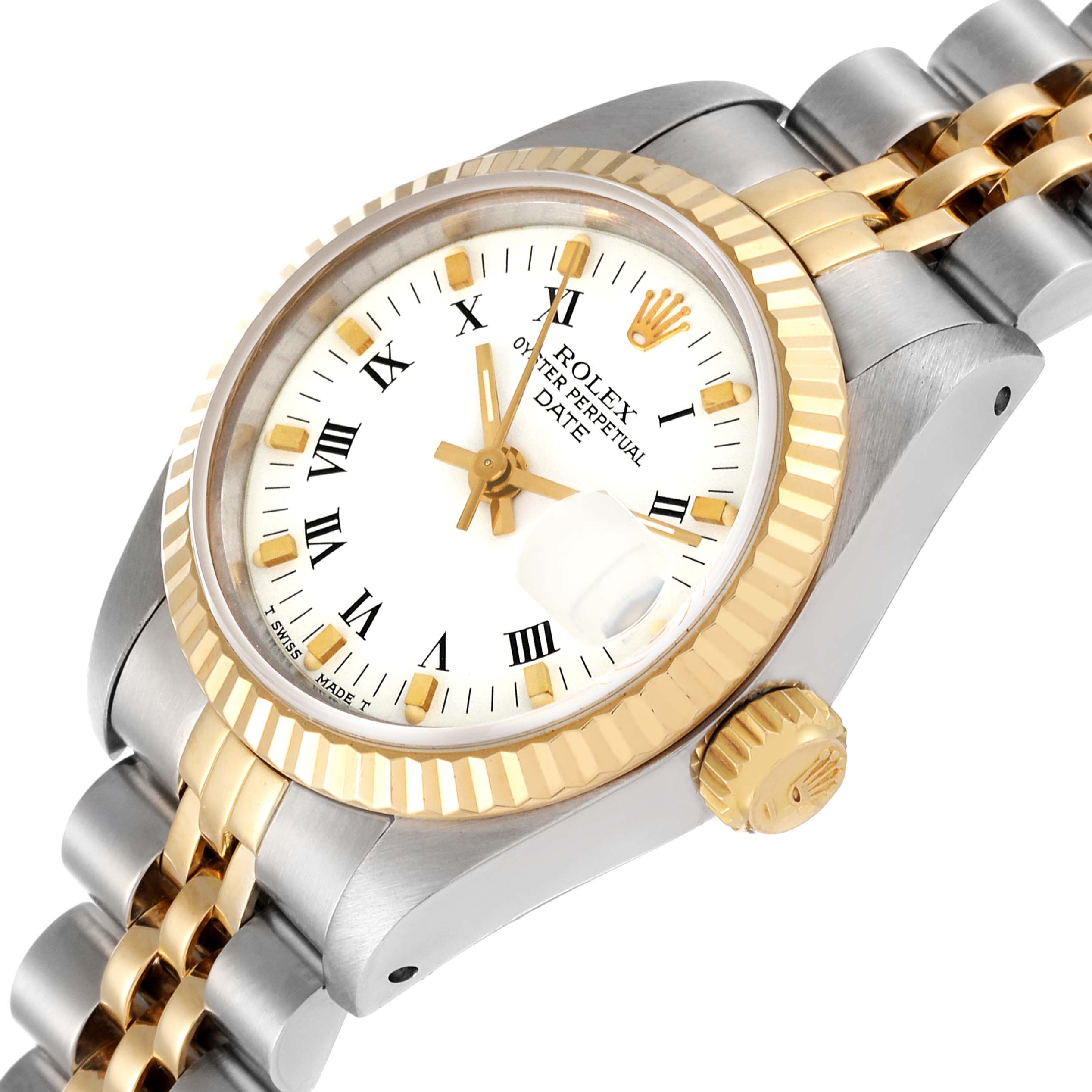 The image shows a close-up of a Rolex Datejust 69173 Women's Steel and Gold (two tone) White Dial 69173 Women's Steel and Gold (two tone) White Dial watch, highlighting the dial, bezel, and part of the bracelet at a slight angle.
