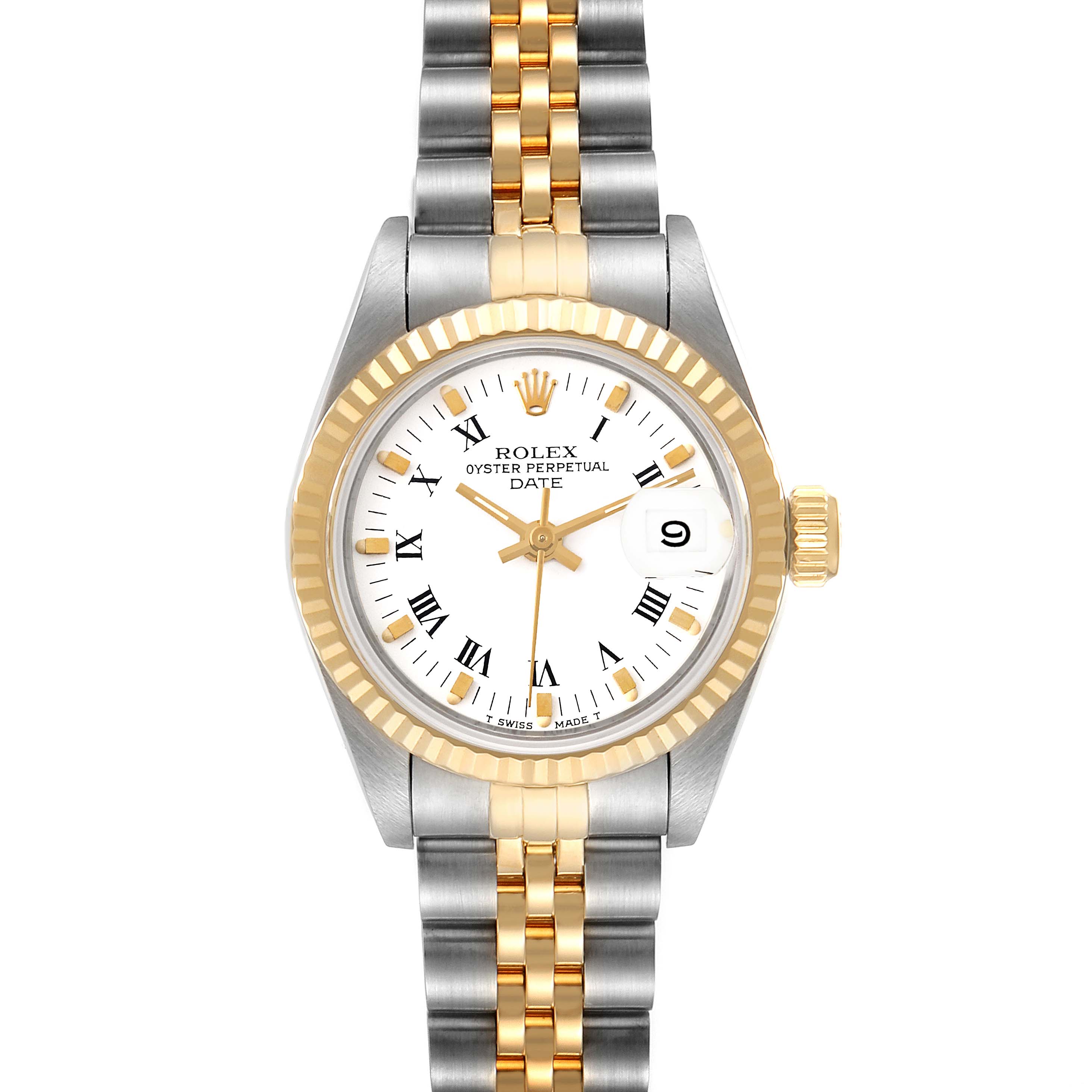 The image shows a Rolex Datejust 69173 Women's Steel and Gold (two tone) White Dial 69173 Women's Steel and Gold (two tone) White Dial model watch with a white dial, two-tone bracelet, and fluted bezel from a front angle.