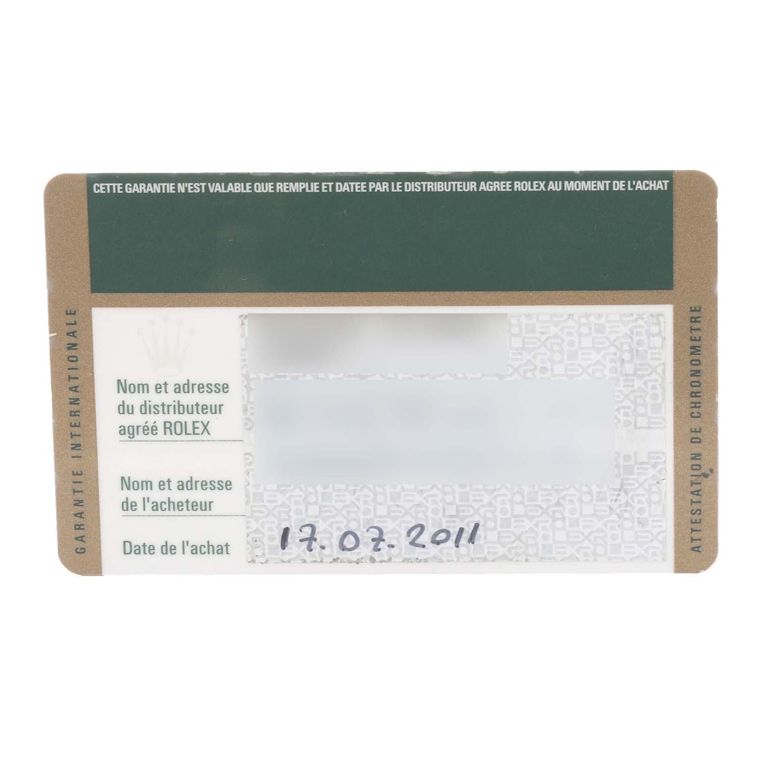 The image shows a Rolex warranty card for a Mid-Size watch, featuring purchase details.