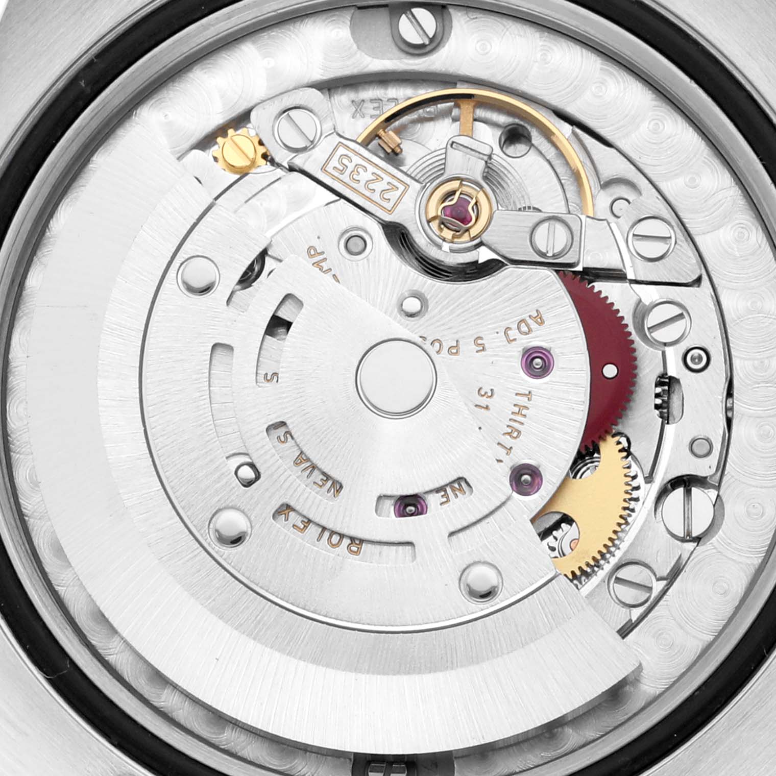 The image shows a close-up of the movement inside a Rolex Mid-Size 178341 Women's Steel and Gold (two tone) Mother of Pearl Dial 178341 Women's Steel and Gold (two tone) Mother of Pearl Dial watch.