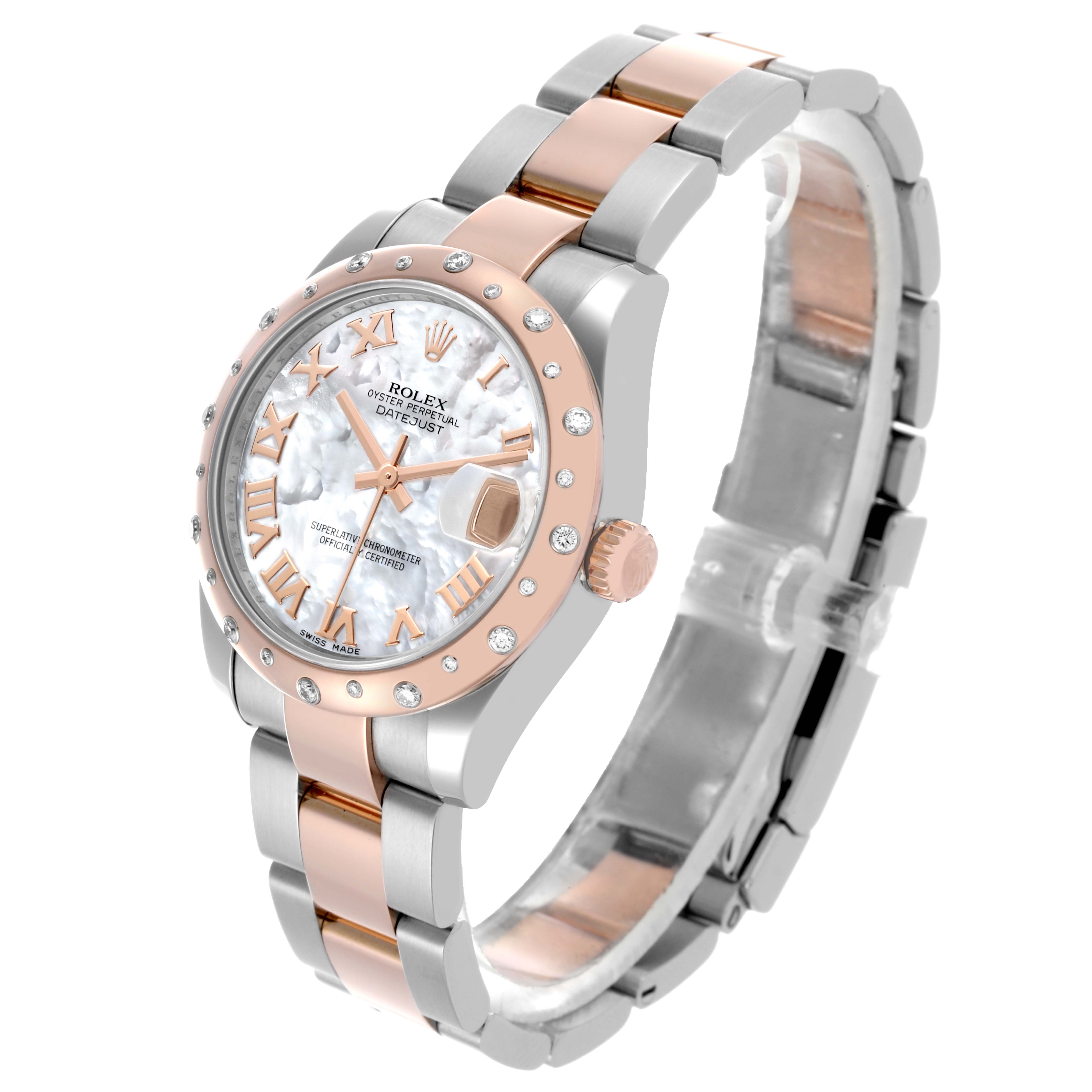 The Rolex Mid-Size 178341 Women's Steel and Gold (two tone) Mother of Pearl Dial 178341 Women's Steel and Gold (two tone) Mother of Pearl Dial model is shown at a three-quarter angle, displaying the face, bezel, and bracelet.