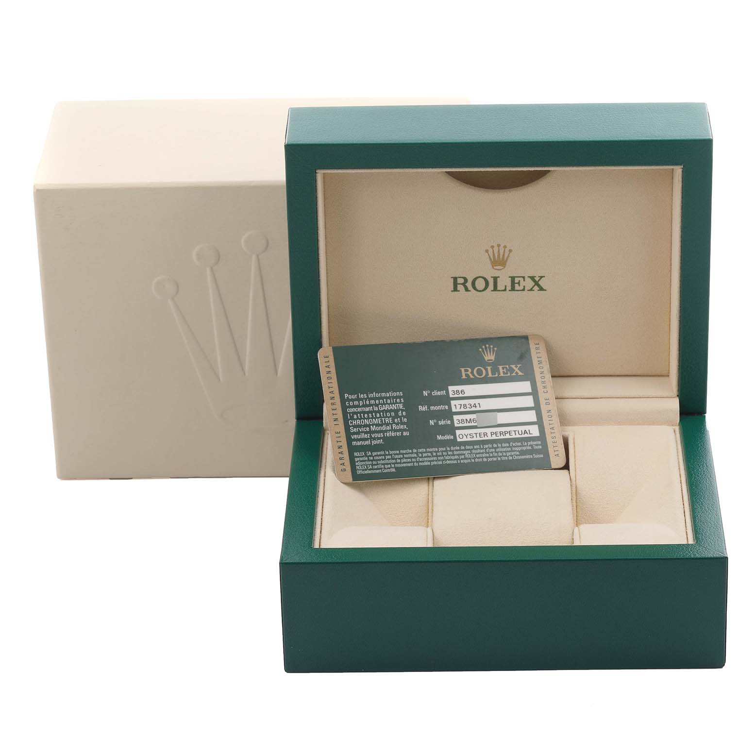 The image shows a Rolex Mid-Size 178341 Women's Steel and Gold (two tone) Mother of Pearl Dial 178341 Women's Steel and Gold (two tone) Mother of Pearl Dial watch box with a warranty card and outer packaging.