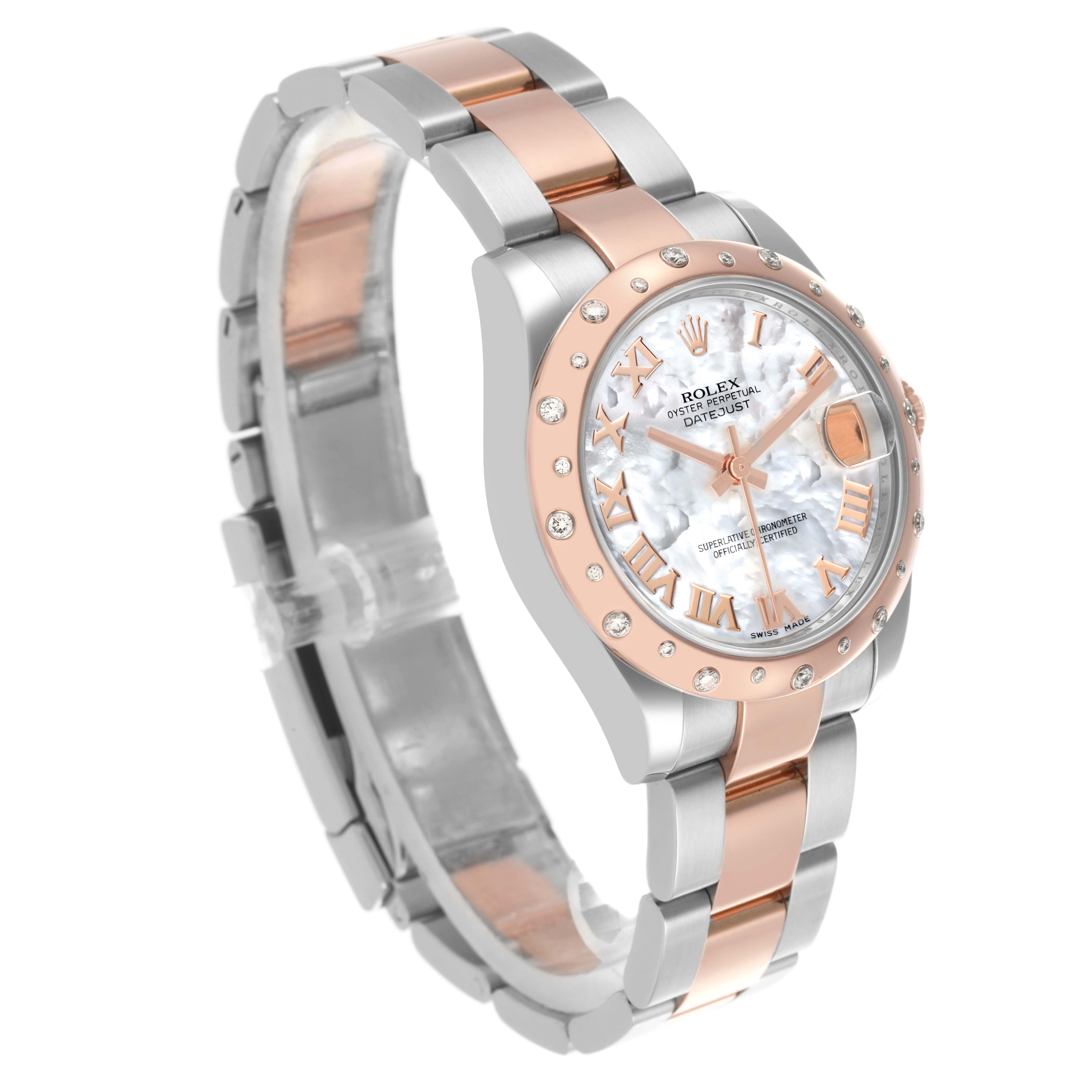 The Rolex Mid-Size 178341 Women's Steel and Gold (two tone) Mother of Pearl Dial 178341 Women's Steel and Gold (two tone) Mother of Pearl Dial watch is shown at a three-quarter angle, highlighting the bracelet, bezel, and part of the face.