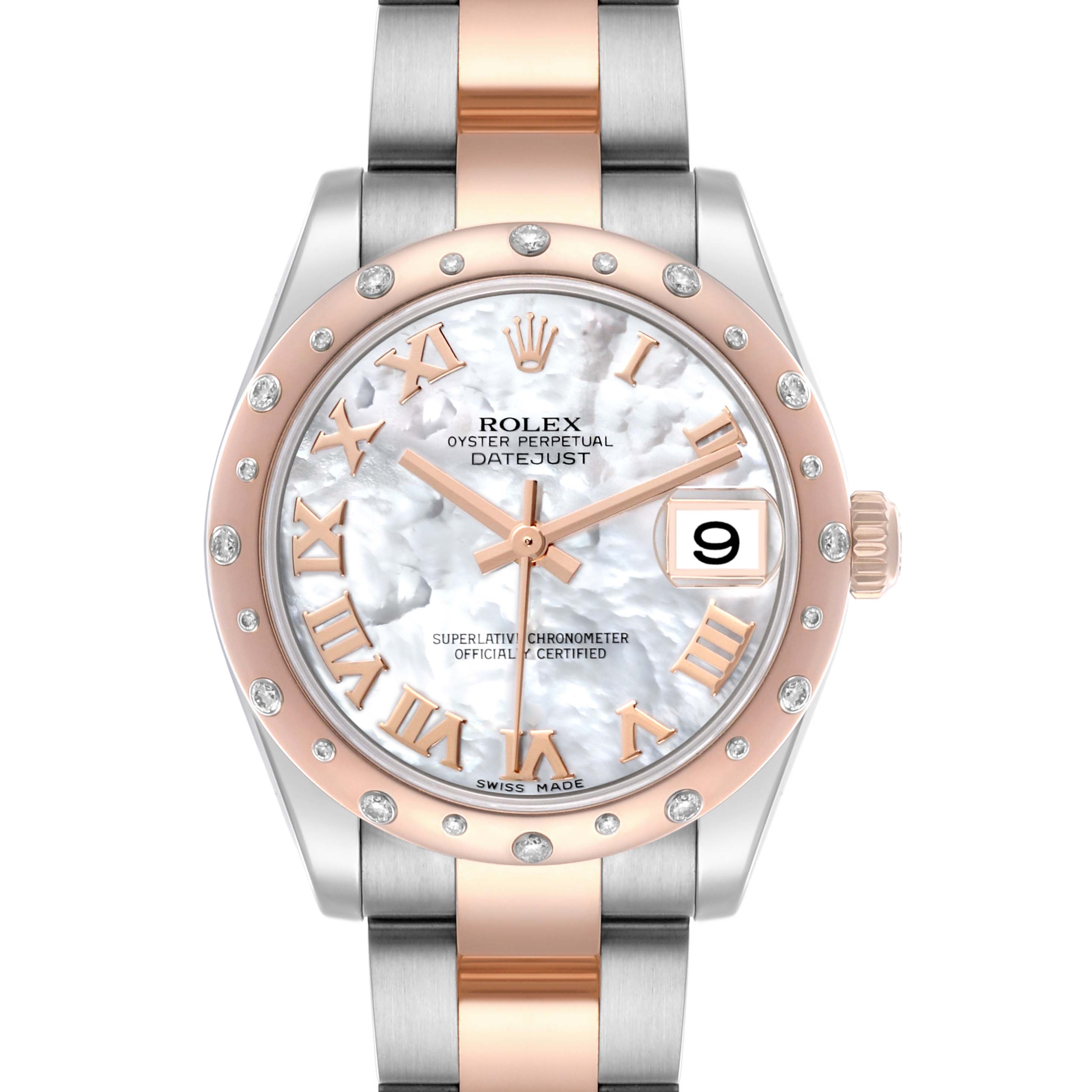 The Rolex Mid-Size 178341 Women's Steel and Gold (two tone) Mother of Pearl Dial 178341 Women's Steel and Gold (two tone) Mother of Pearl Dial watch is shown from a top view, displaying its face, bezel, and strap.