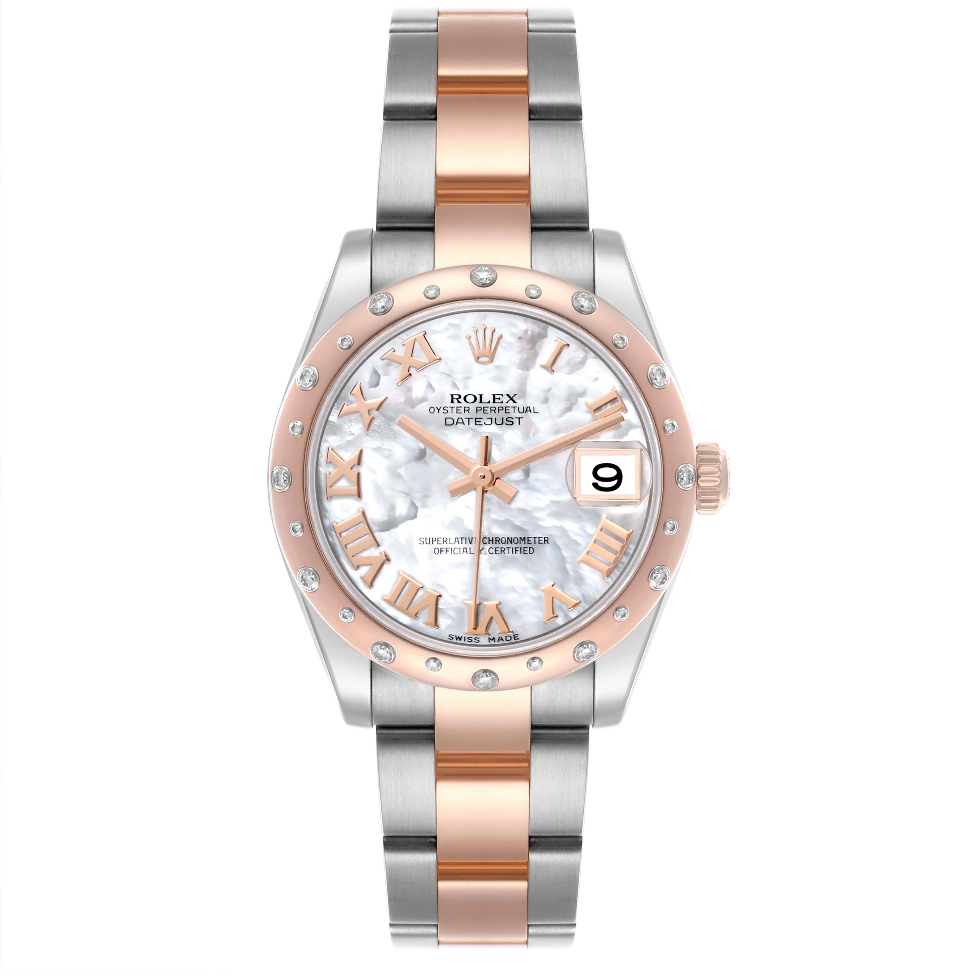 The Rolex Mid-Size 178341 Women's Steel and Gold (two tone) Mother of Pearl Dial 178341 Women's Steel and Gold (two tone) Mother of Pearl Dial watch is shown from a front view, displaying the dial, bezel, hands, and bracelet.