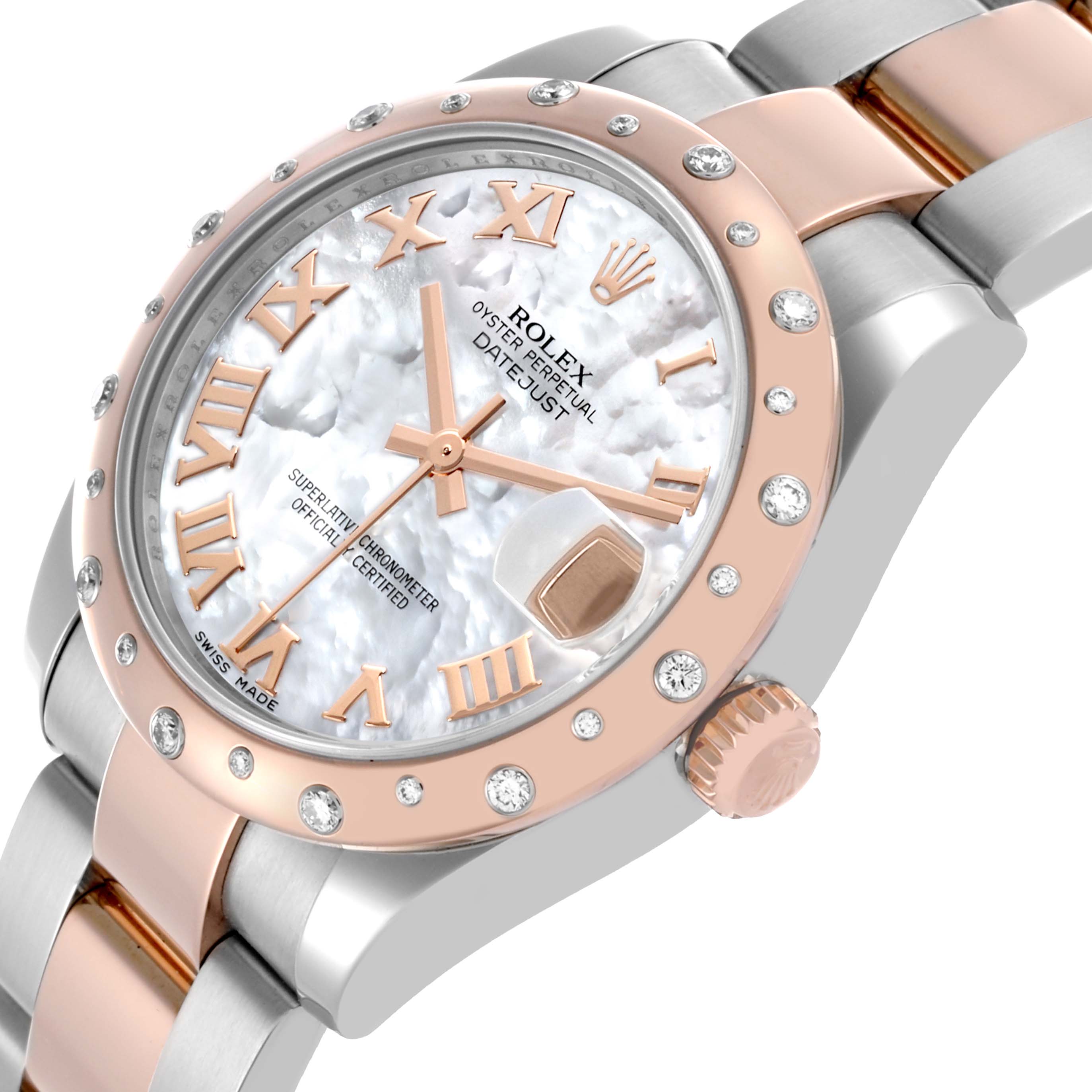 The Rolex Mid-Size 178341 Women's Steel and Gold (two tone) Mother of Pearl Dial 178341 Women's Steel and Gold (two tone) Mother of Pearl Dial watch is shown at an angle highlighting the face, bezel, and part of the bracelet.