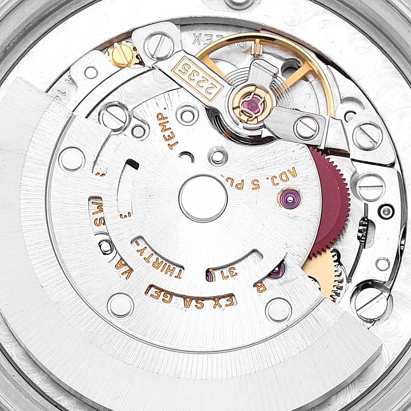 This image shows the internal mechanical movement of a Rolex Mid-Size 78240 Women
s Stainless Steel White Dial 78240 Women
s Stainless Steel White Dial watch from a top-down view.