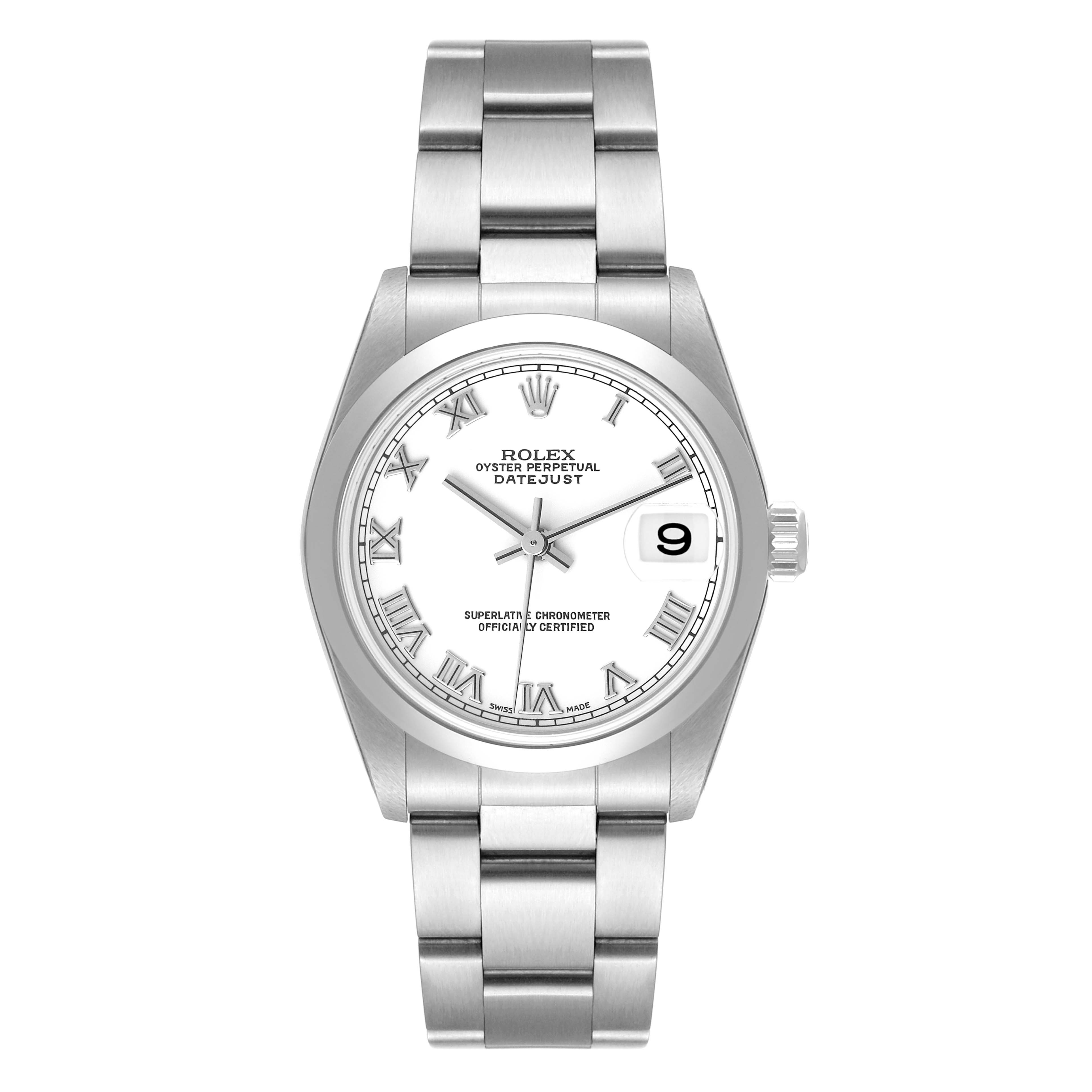 The image shows a front view of a Rolex Datejust Mid-Size watch with a white dial and stainless steel bracelet.