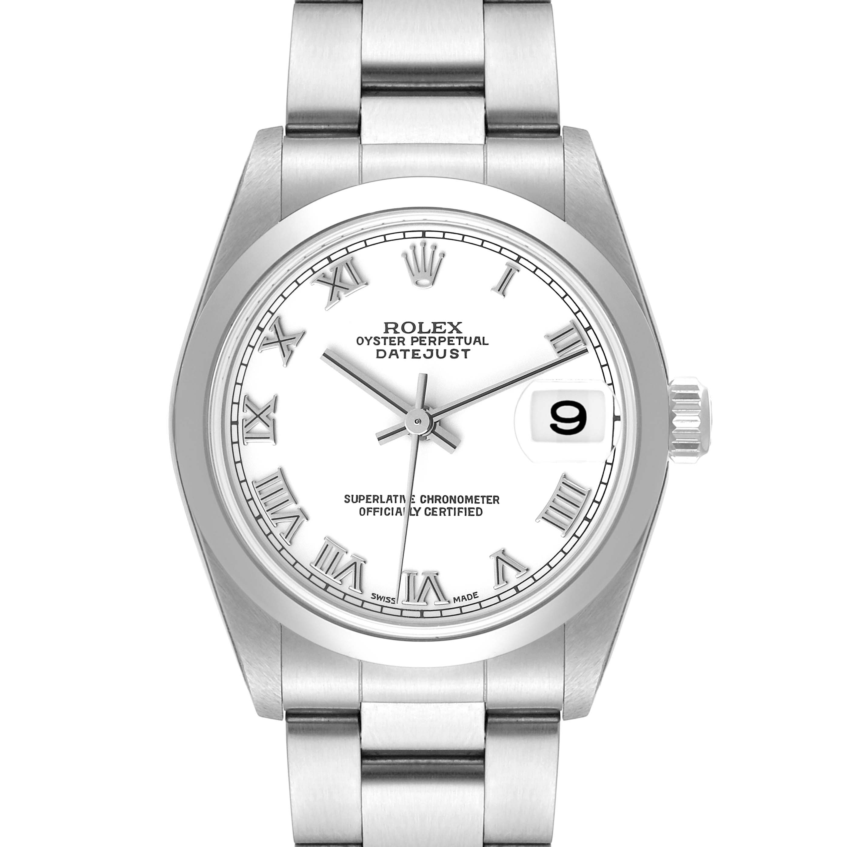 The image shows a Rolex Mid-Size 78240 Women
s Stainless Steel White Dial 78240 Women
s Stainless Steel White Dial Datejust watch from a front angle, highlighting its dial, bezel, and part of the bracelet.