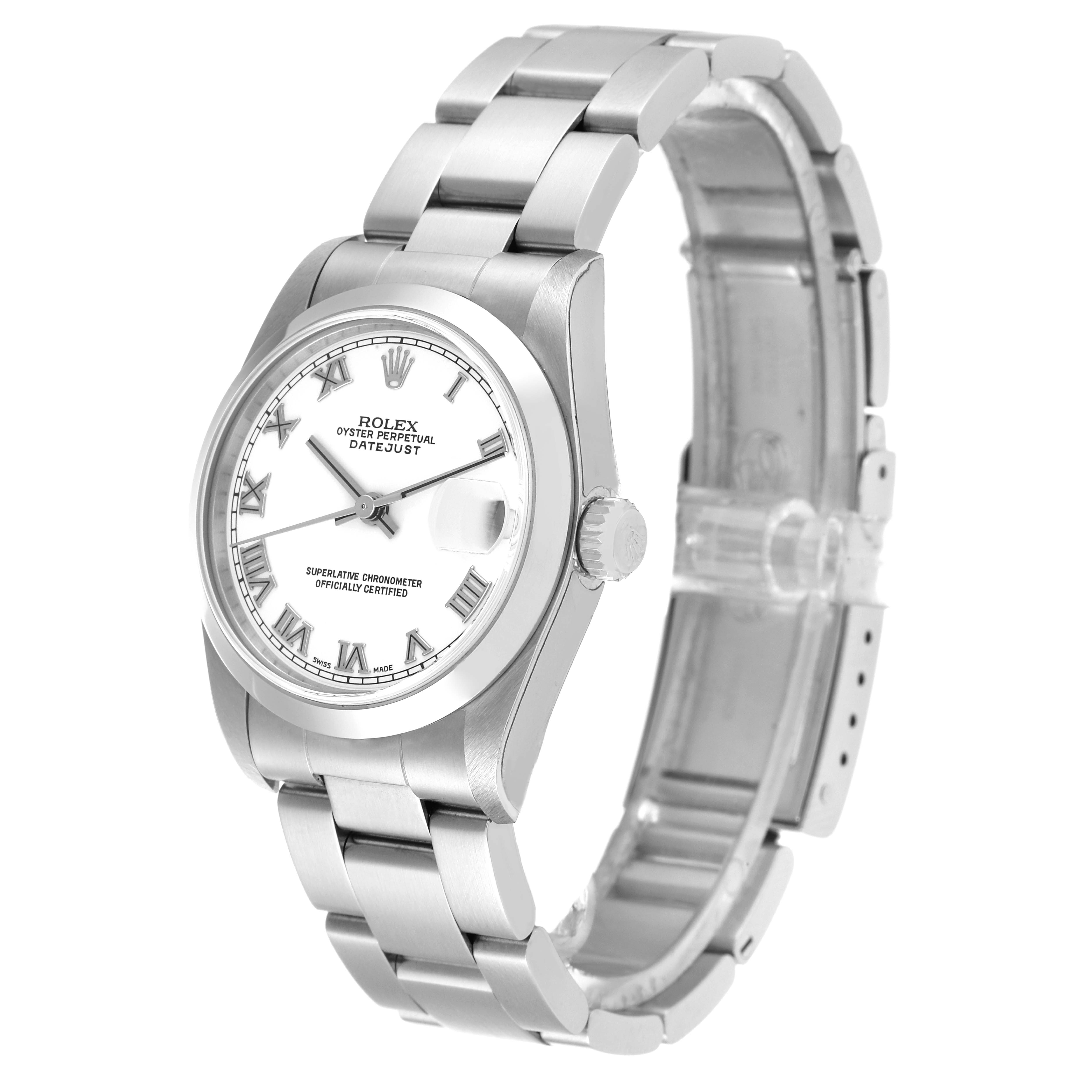 The image shows a Rolex Mid-Size 78240 Women
s Stainless Steel White Dial 78240 Women
s Stainless Steel White Dial Oyster Perpetual Datejust watch at a three-quarter angle, highlighting the dial face, bezel, crown, and bracelet.