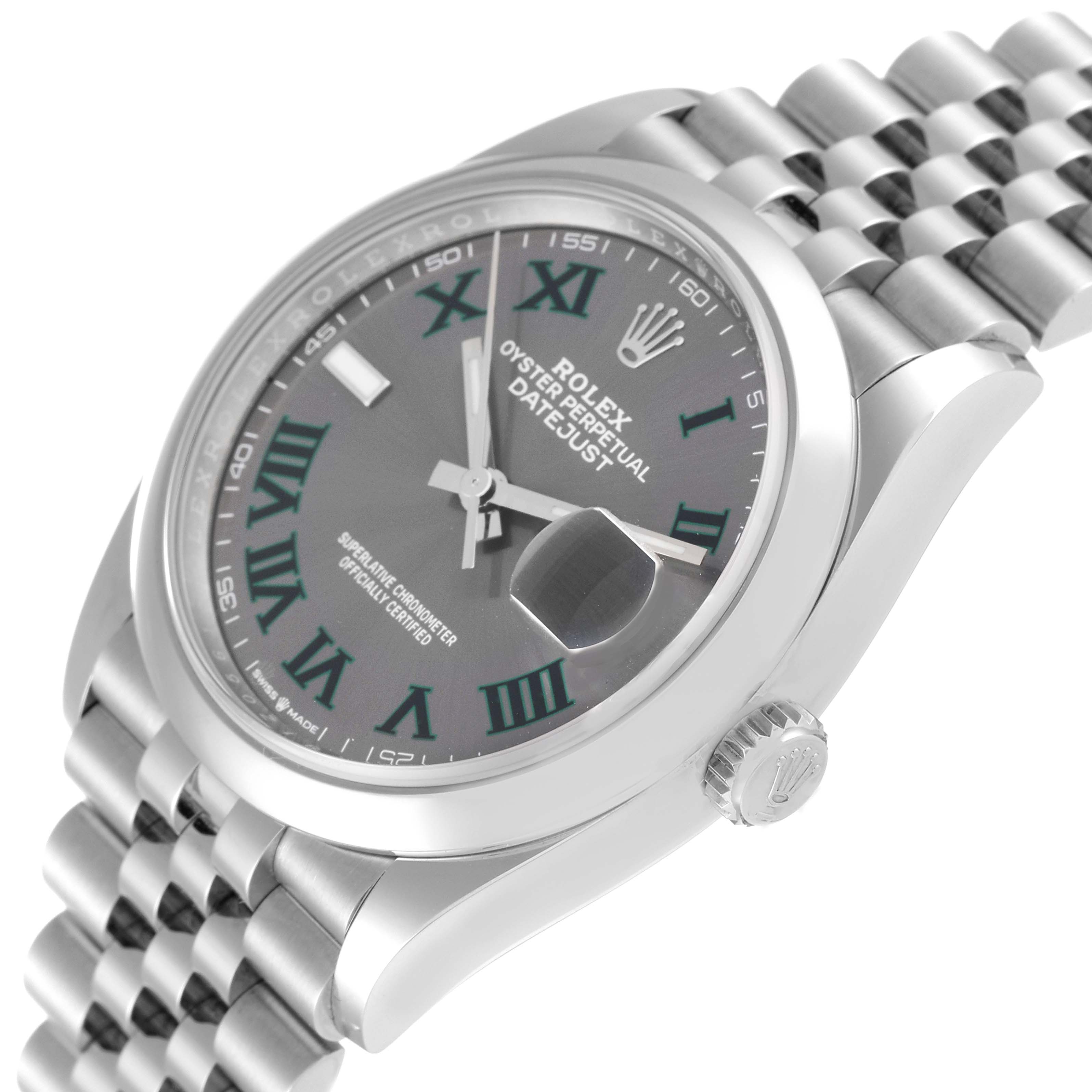 This image shows a close-up angle of the Rolex Datejust 126200 Men's Stainless Steel Grey Dial 126200 Men's Stainless Steel Grey Dial watch, focusing on the dial, crown, and part of the bracelet.