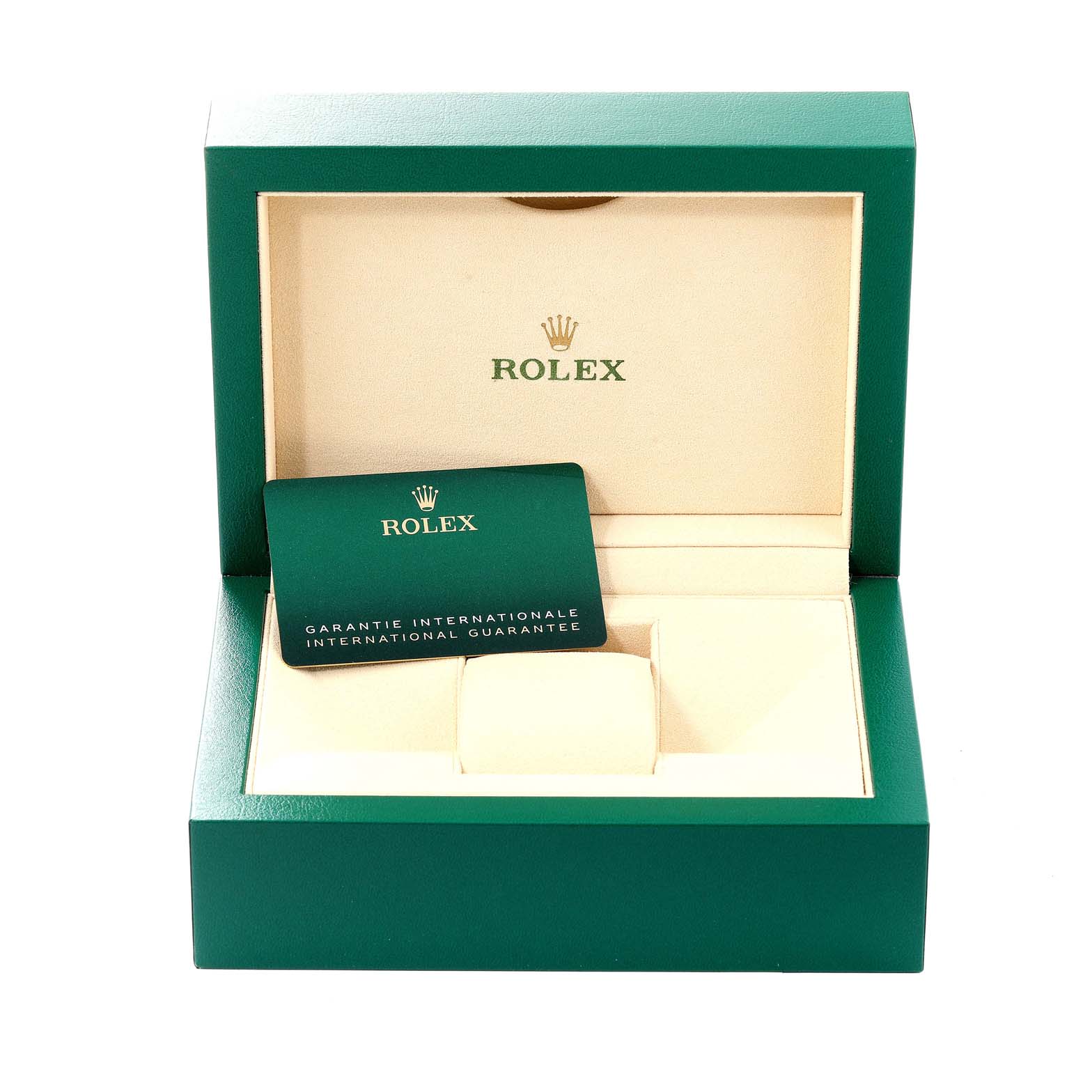 The image shows an open Rolex Datejust 126200 Men's Stainless Steel Grey Dial 126200 Men's Stainless Steel Grey Dial watch box with an international guarantee card inside.